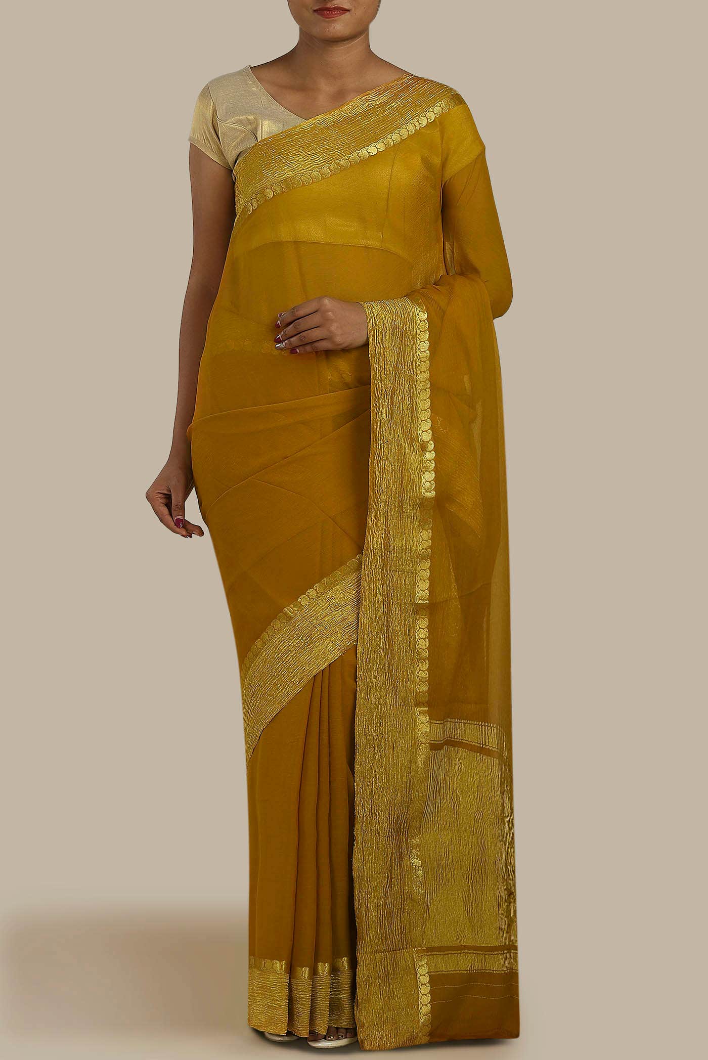 Mustard Mysore Crepe Saree
