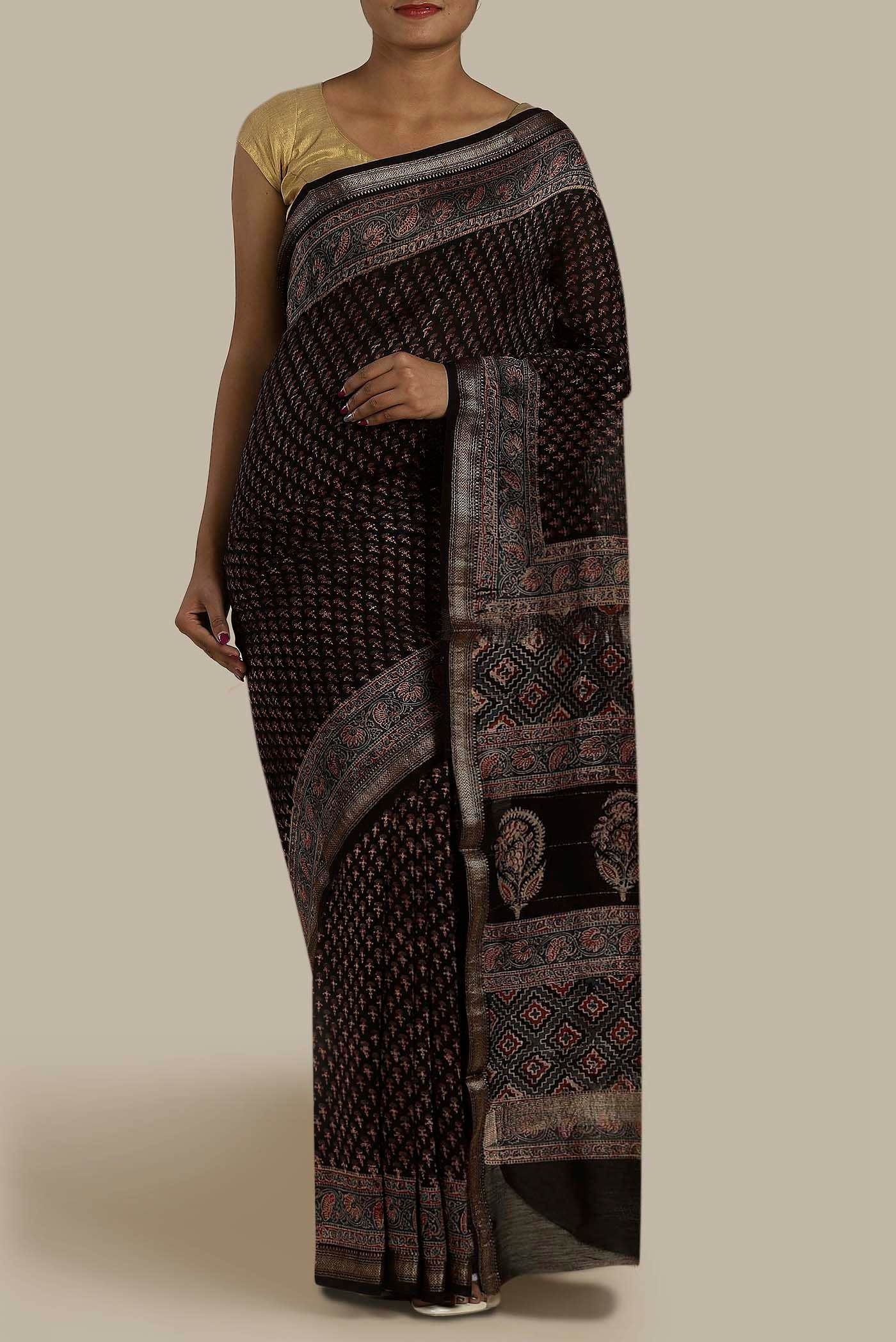 Black Maheshwari Silk Cotton Saree