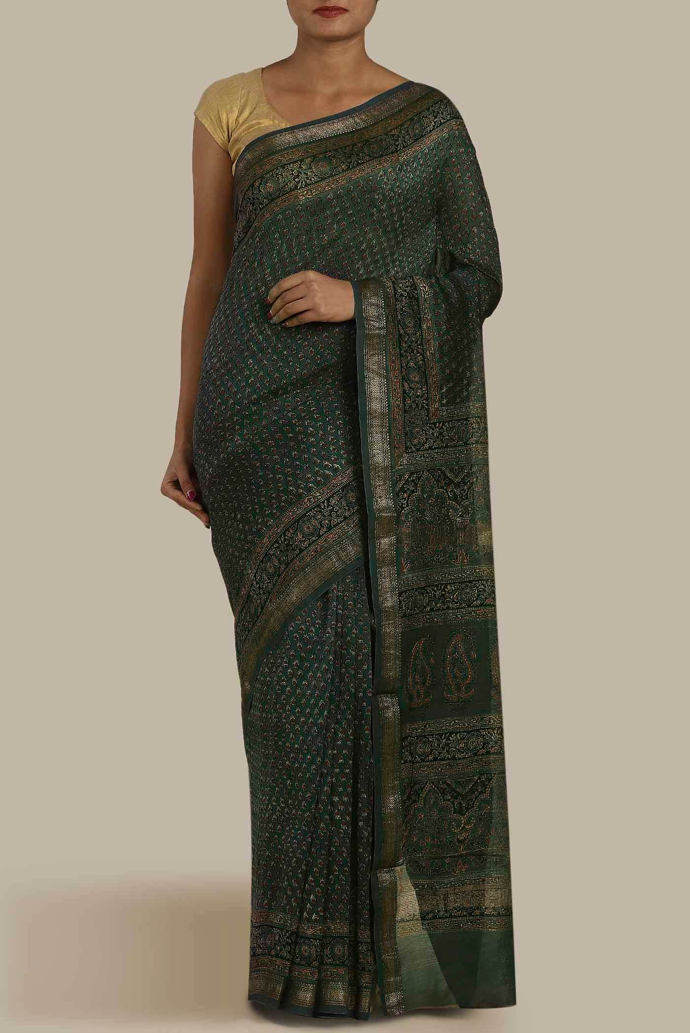 Green Maheshwari Silk Cotton Saree