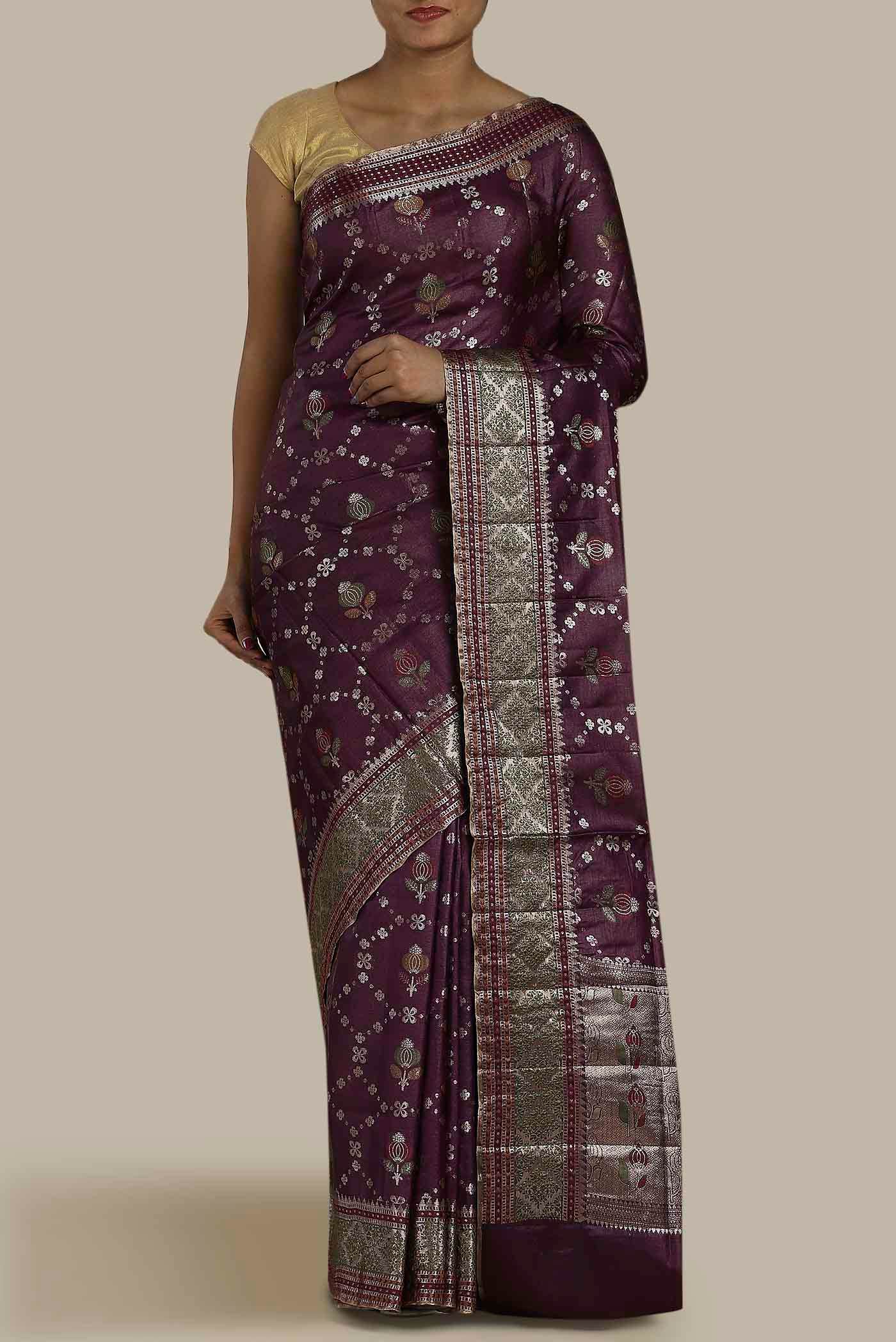 Purple Banarasi Tussar Silk Saree