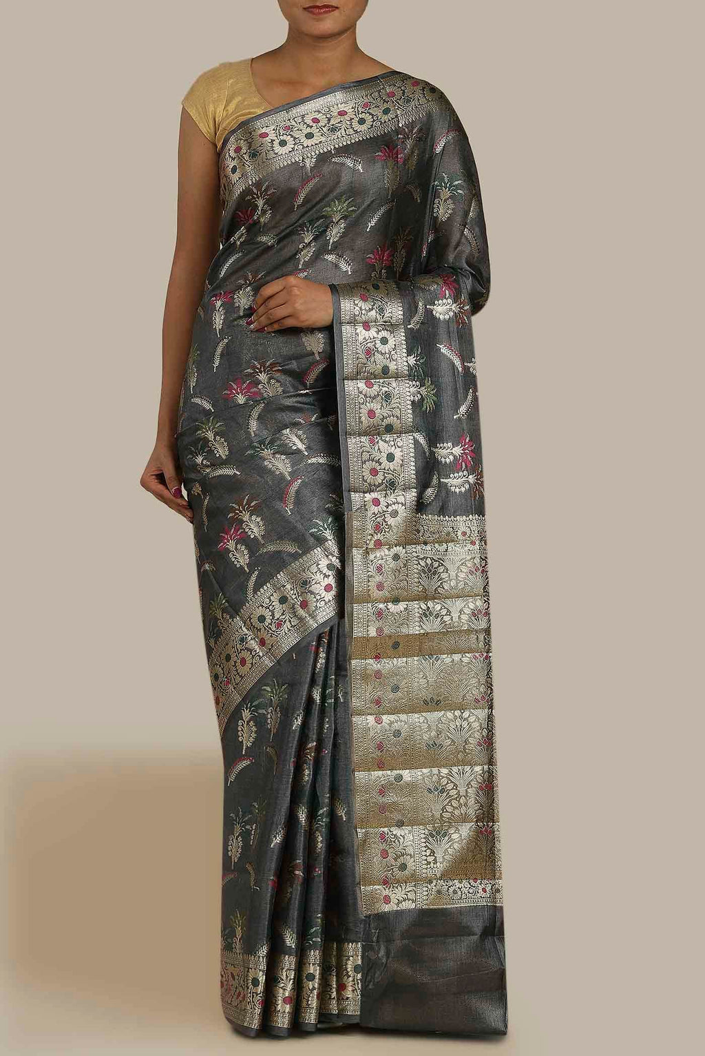 Grey Banarasi Tussar Silk Saree