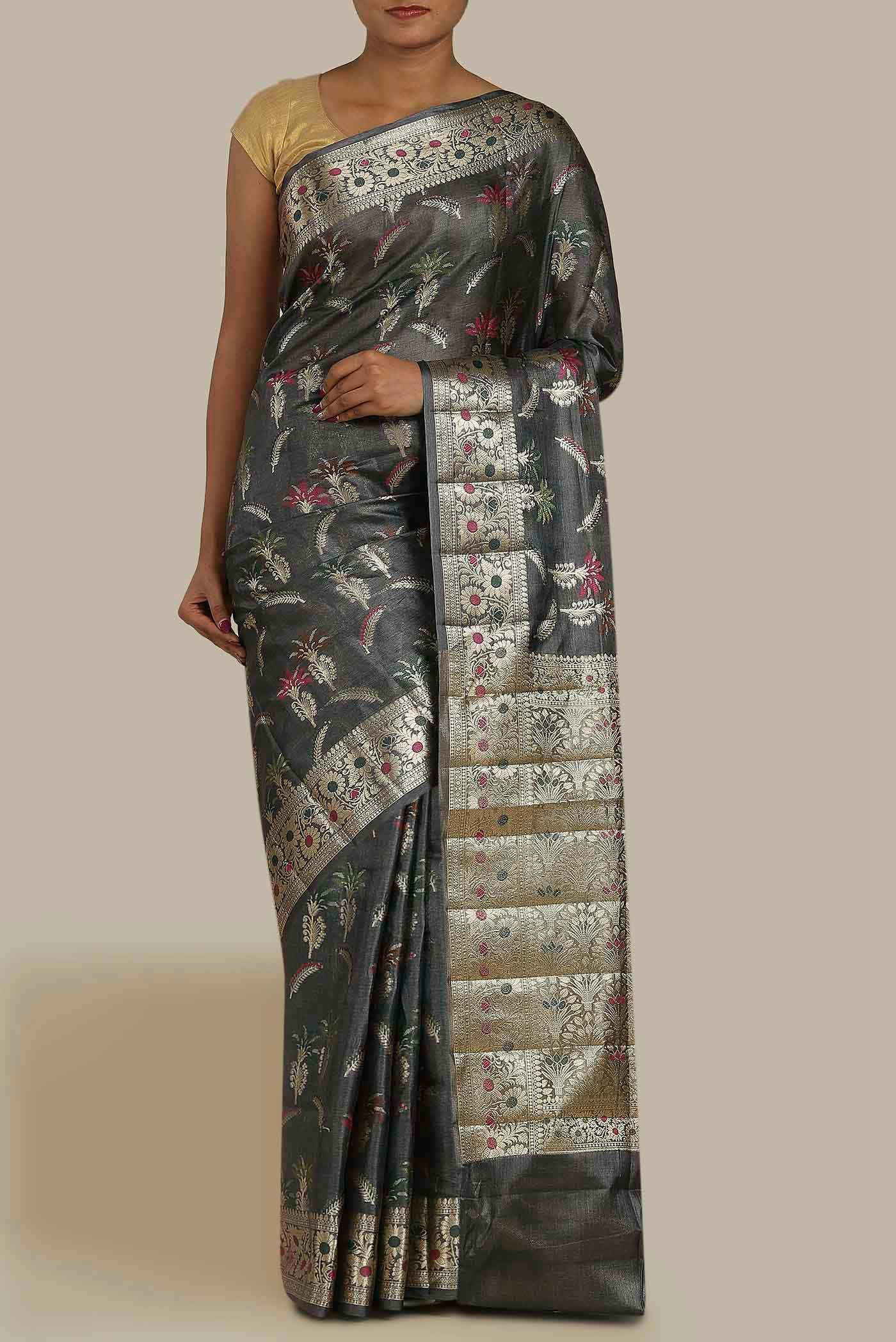 Grey Banarasi Tussar Silk Saree