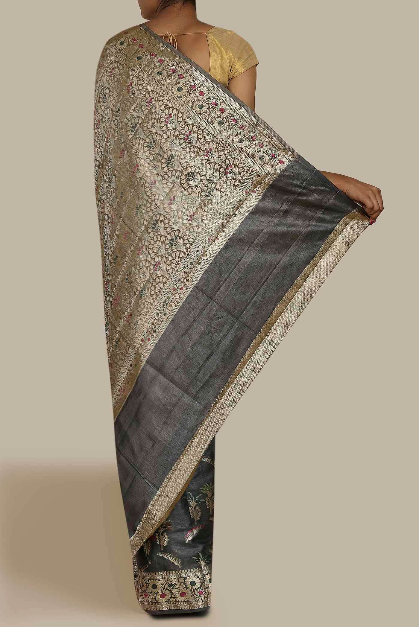 Grey Banarasi Tussar Silk Saree