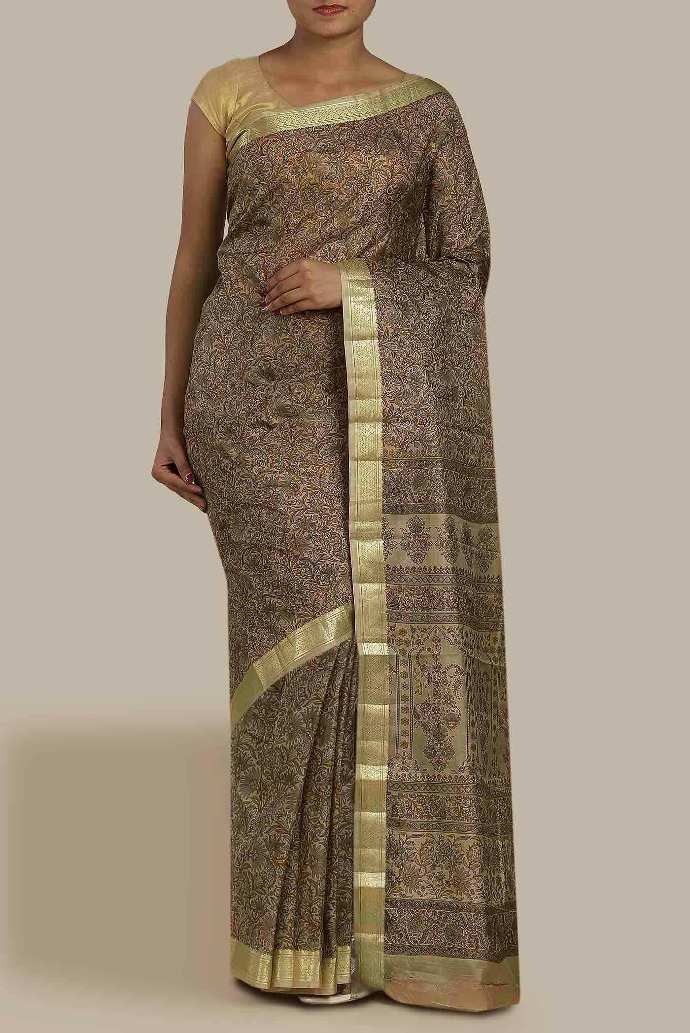 Beige Printed Silk Saree