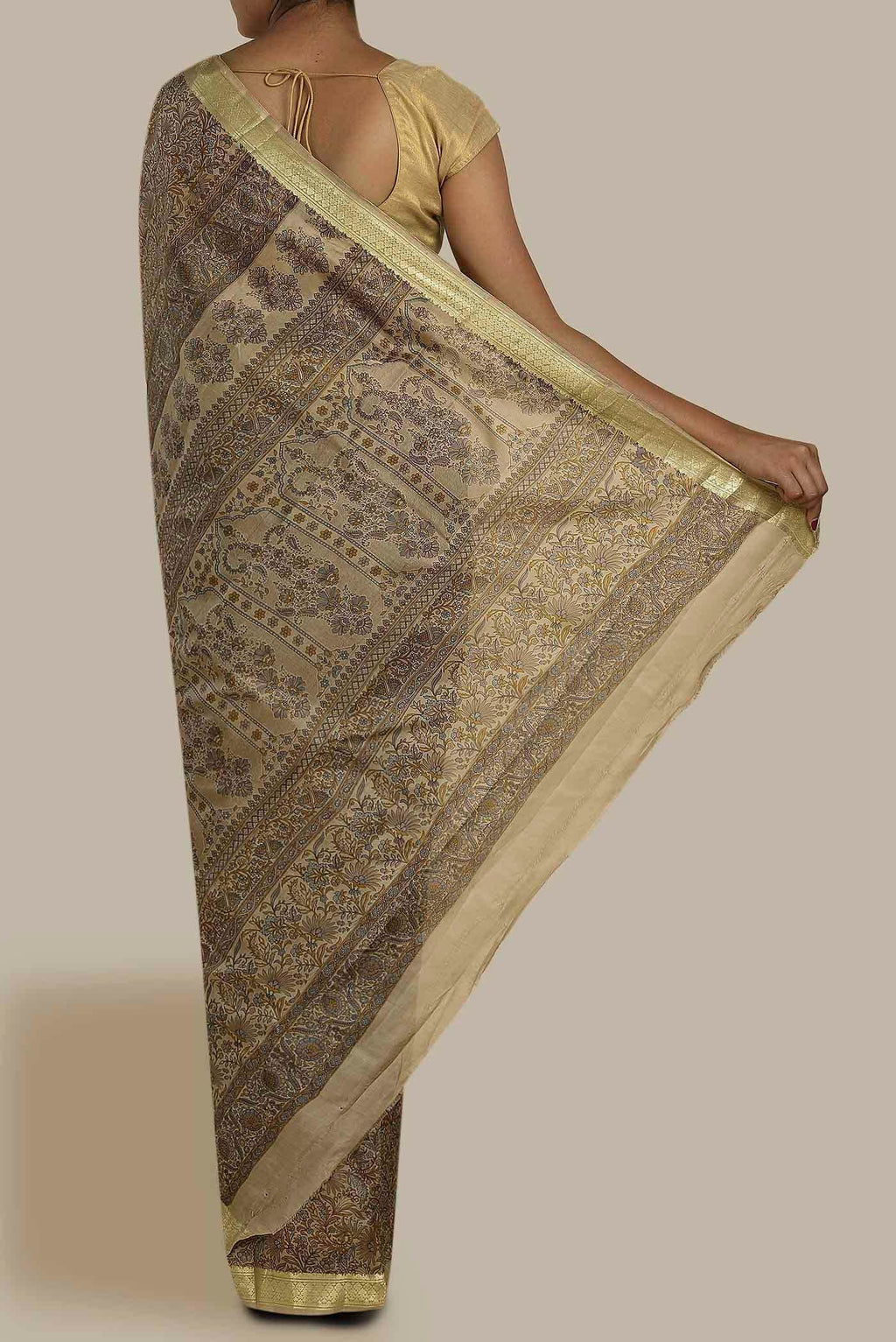Beige Printed Silk Saree