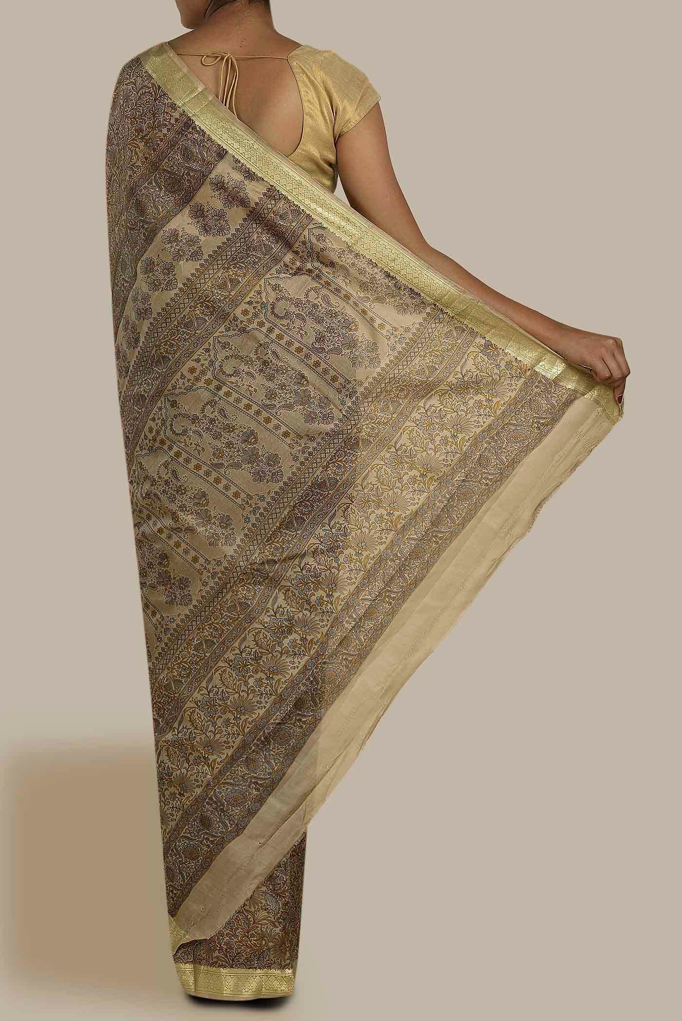 Beige Printed Silk Saree