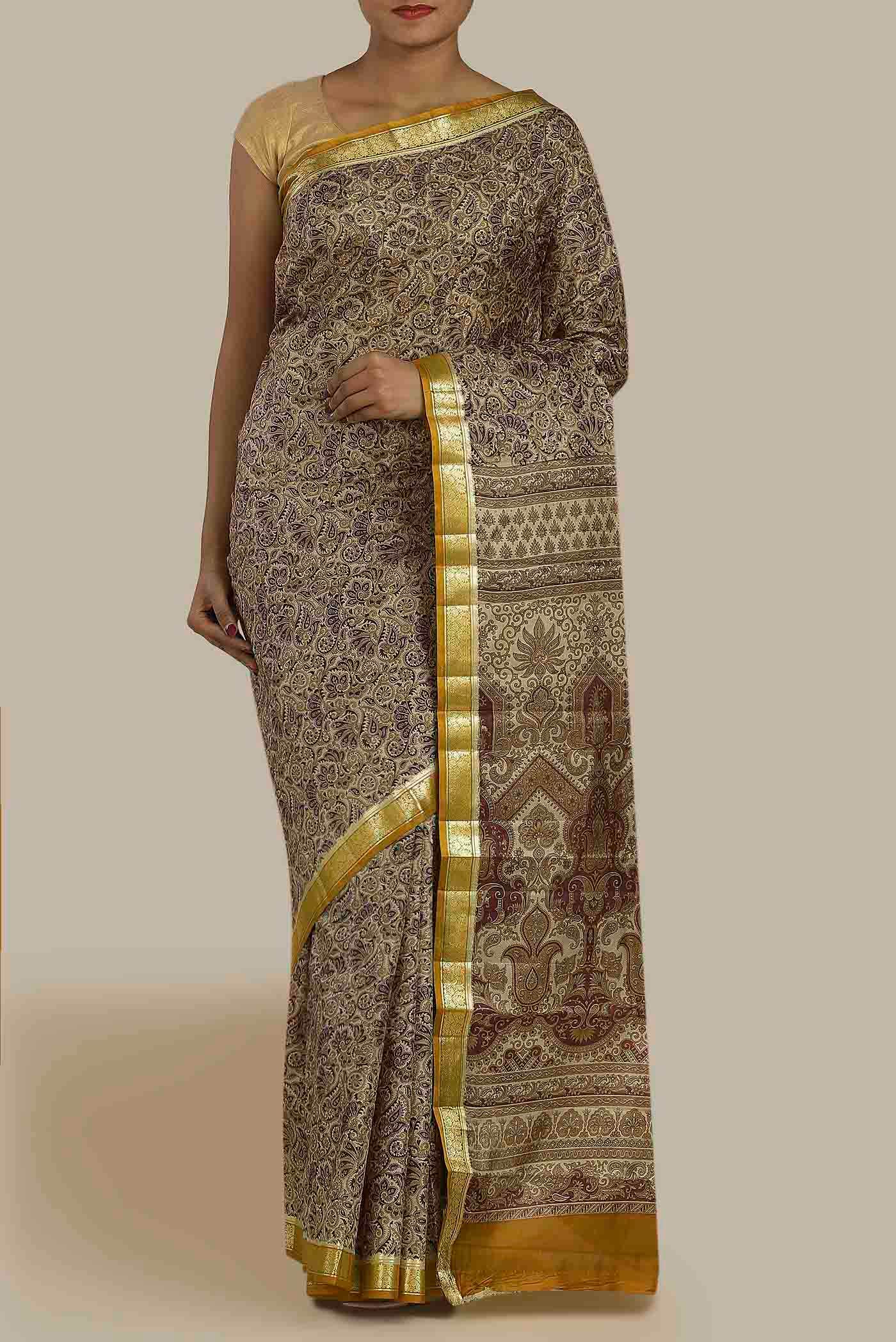 Beige Printed Silk Saree