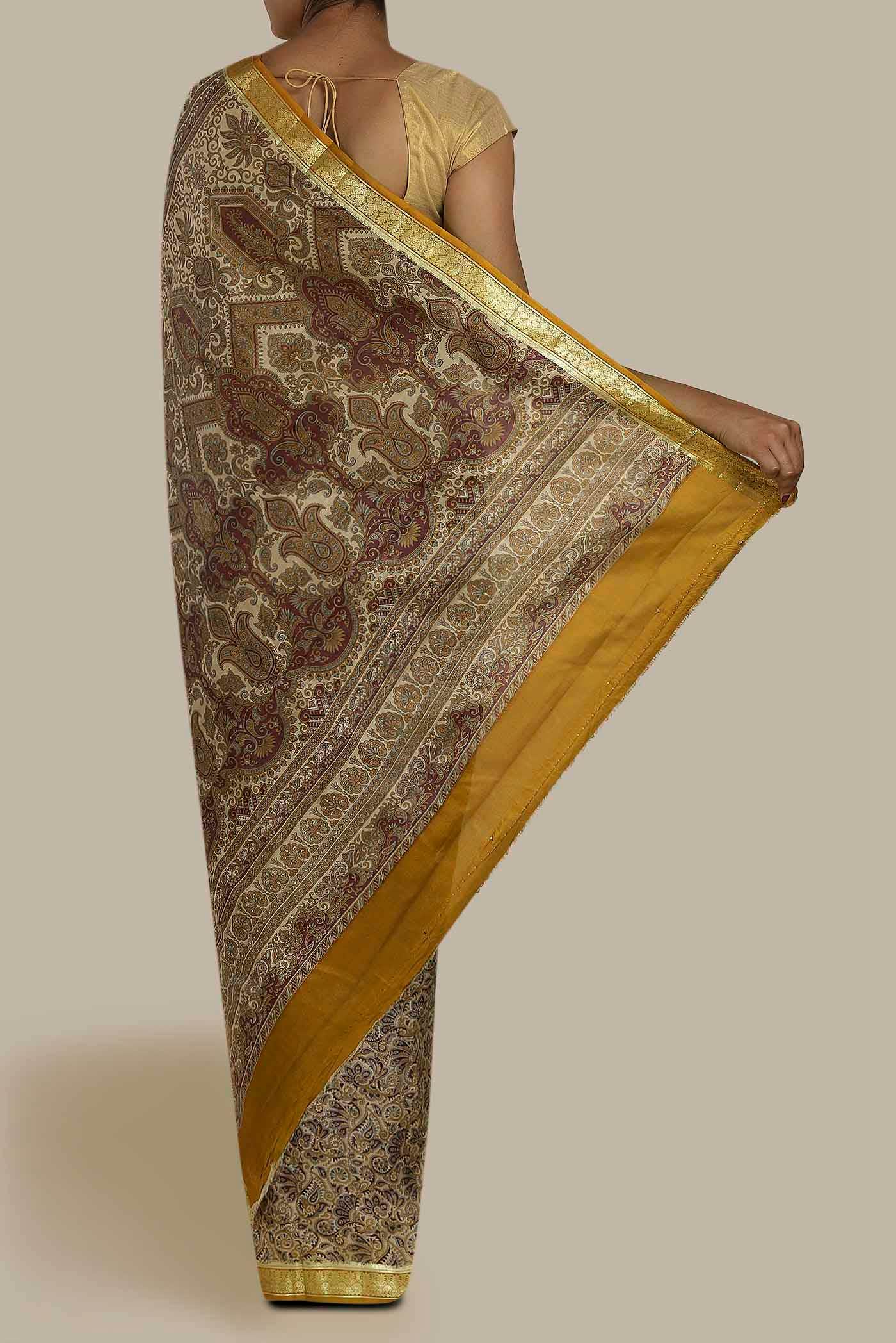 Beige Printed Silk Saree