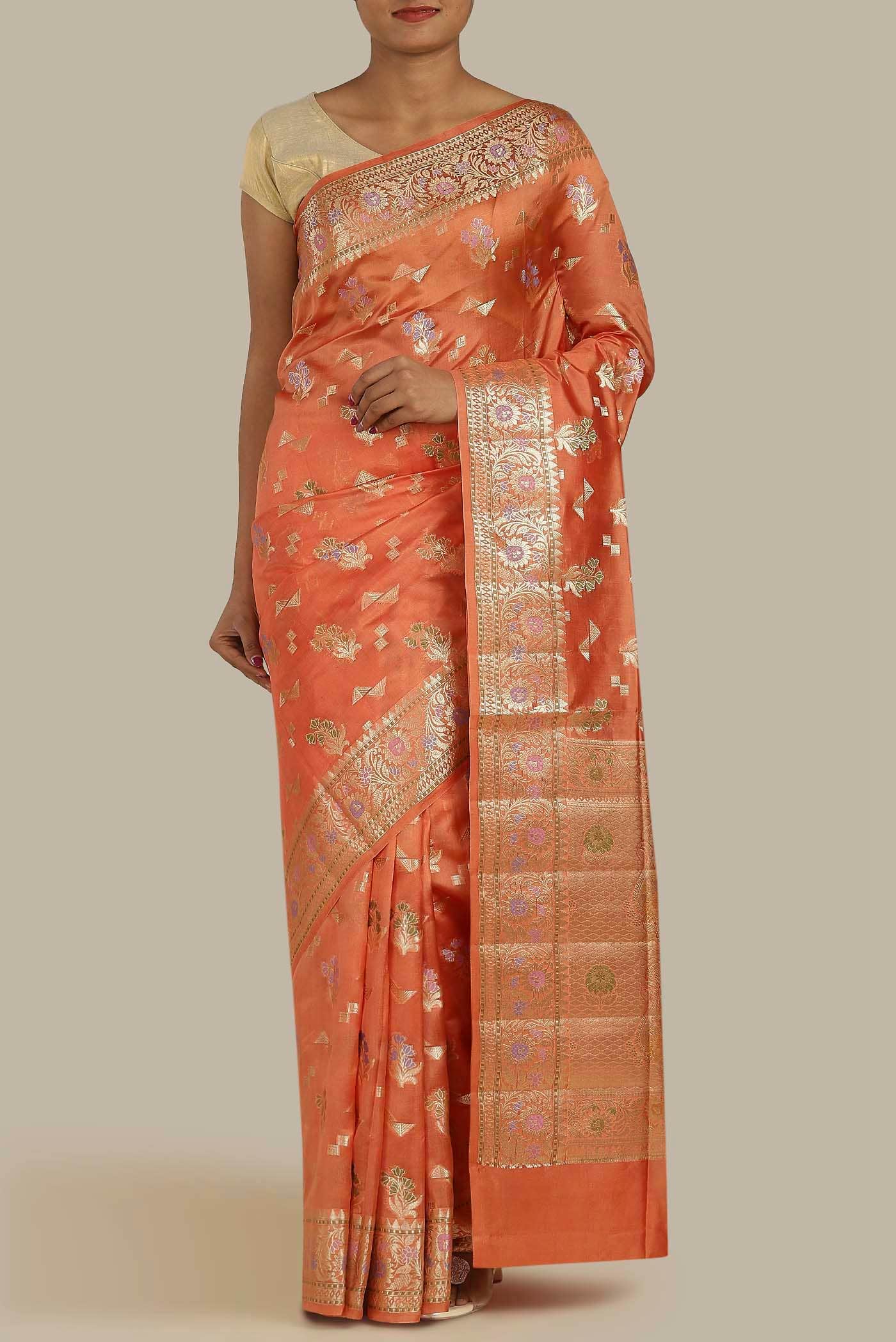 Peach Banarasi Raw Silk Saree
