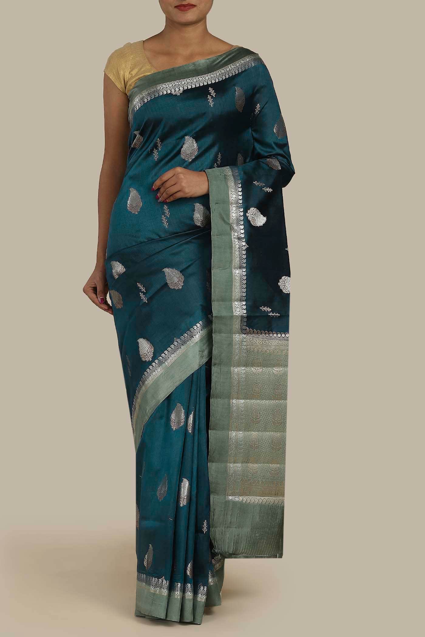 Blue Banarasi Raw Silk Saree