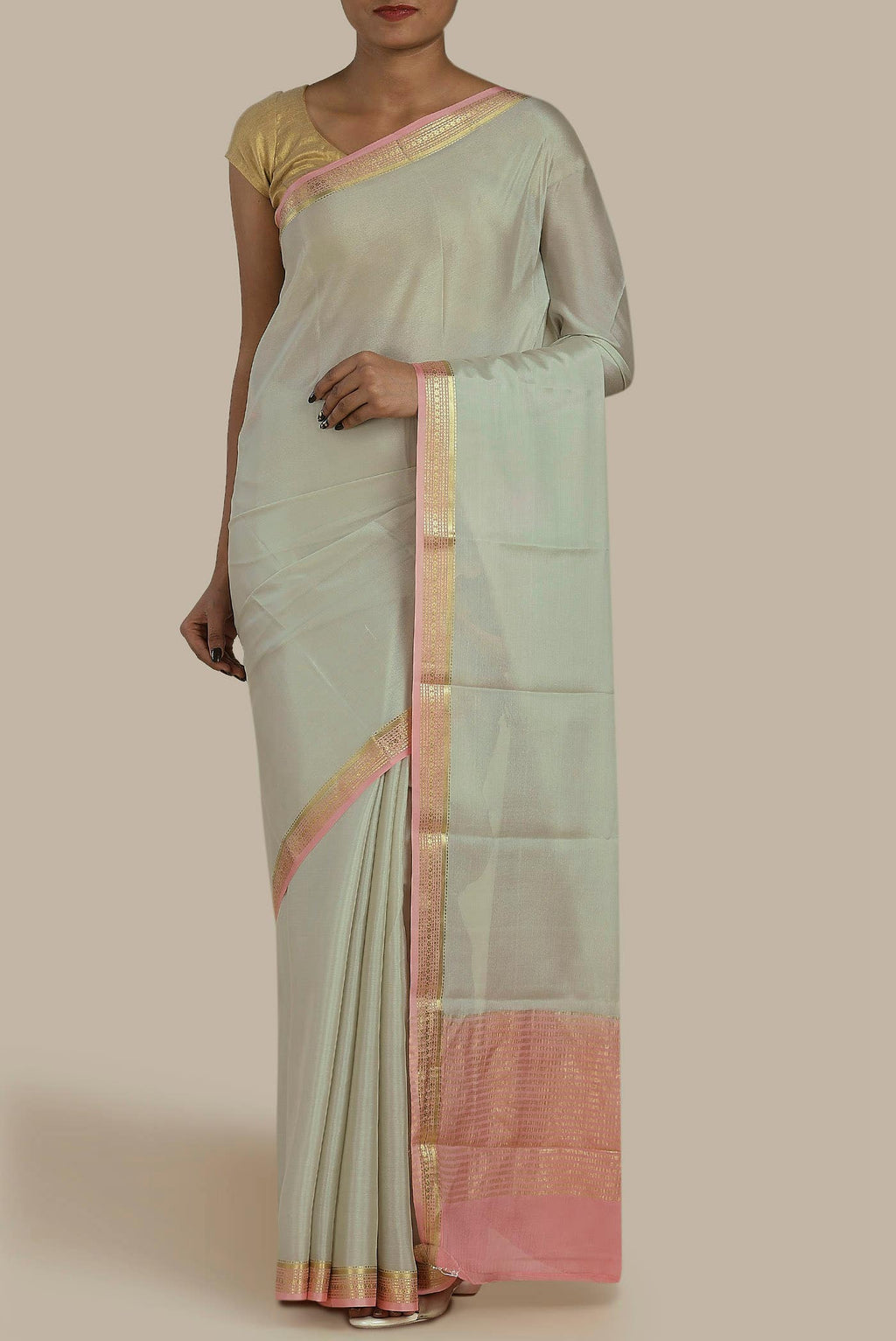 Beige Mysore Crepe Saree
