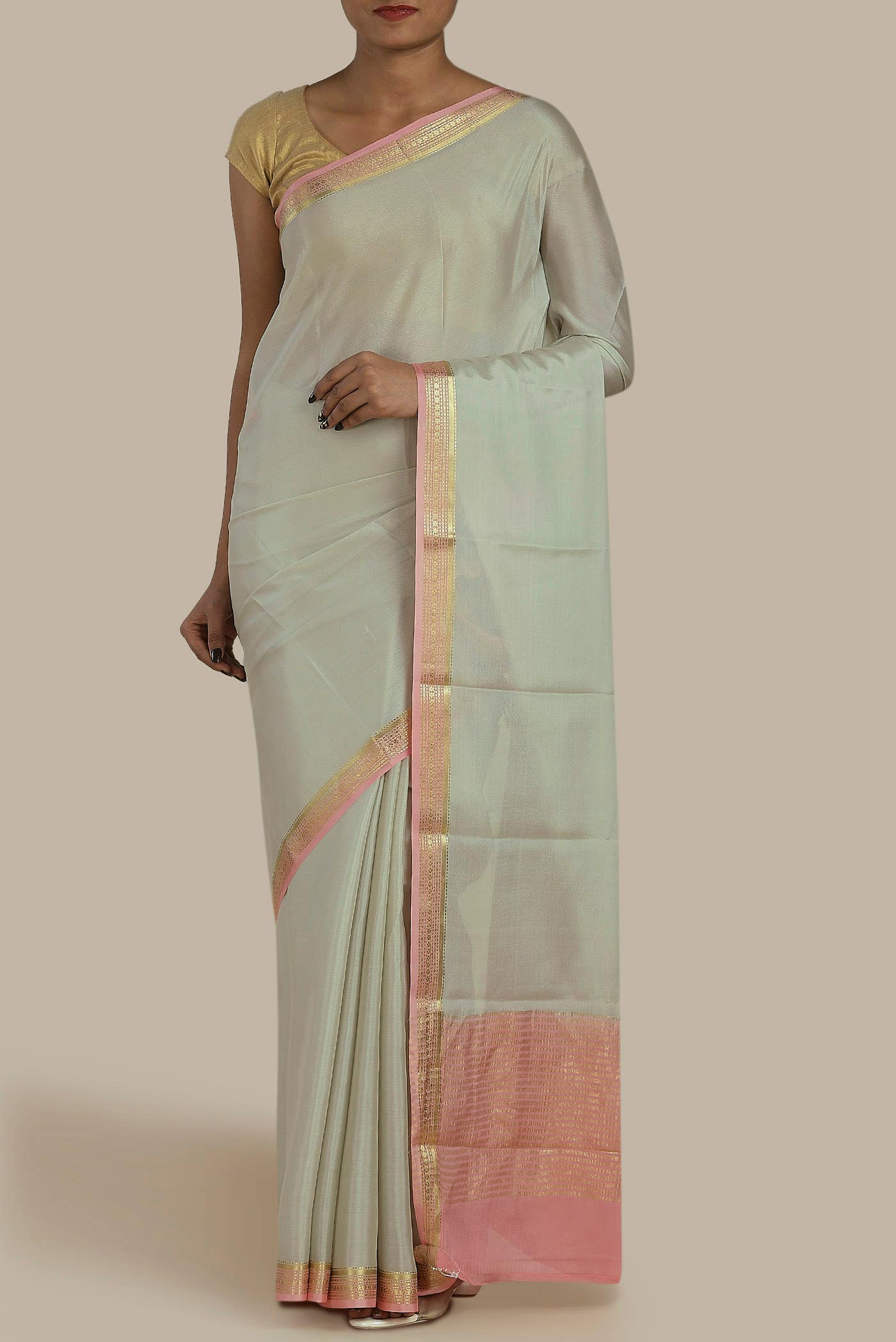 Beige Mysore Crepe Saree