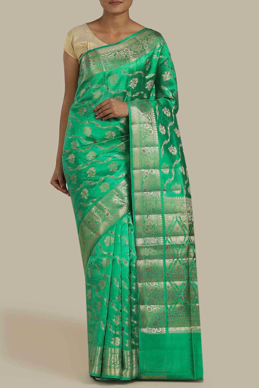 Green Banarasi Raw Silk Saree