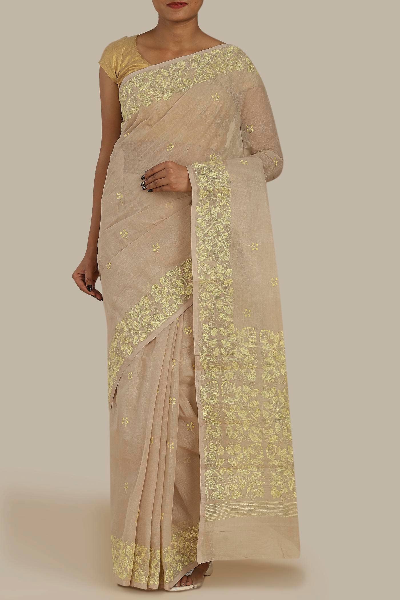 Beige Bengal Cotton Saree