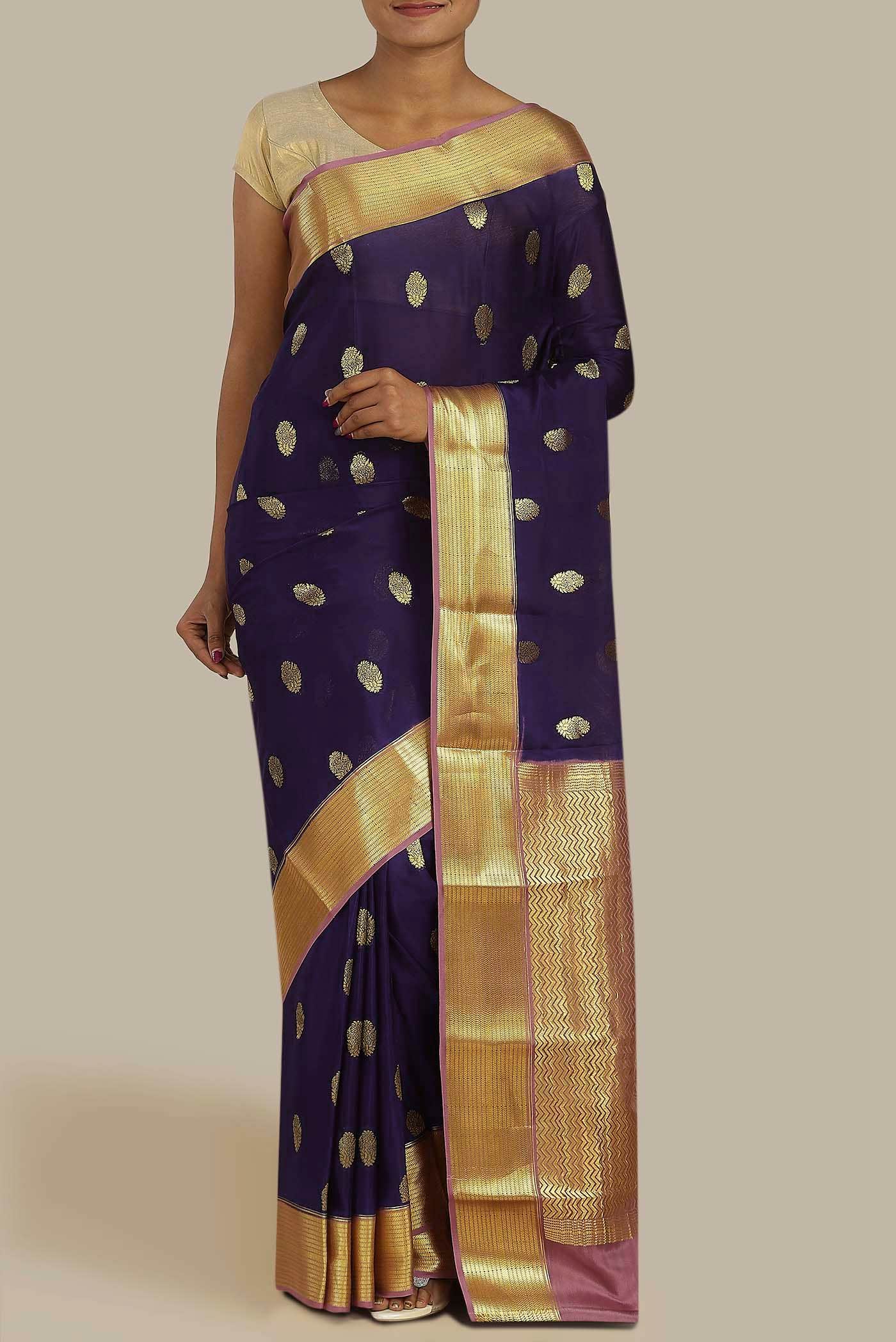 Navy Blue Mysore Crepe Saree