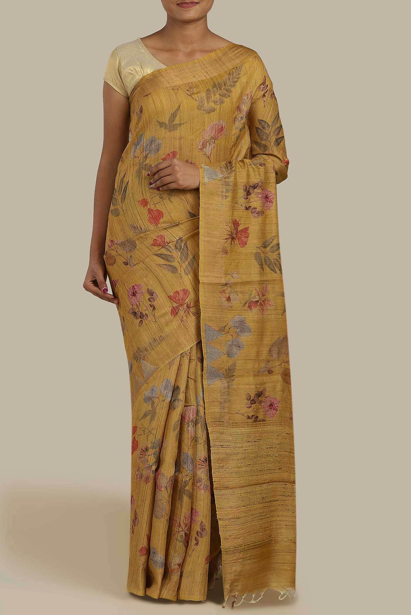 Mustard Tussar Silk Saree