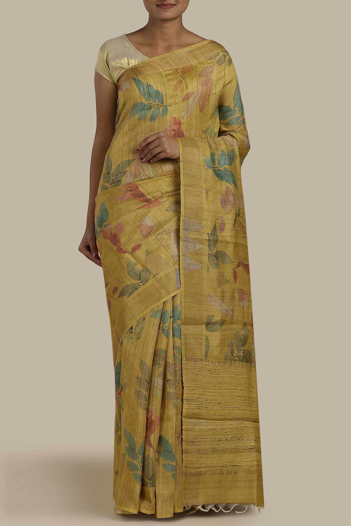 Mustard Tussar Silk Saree
