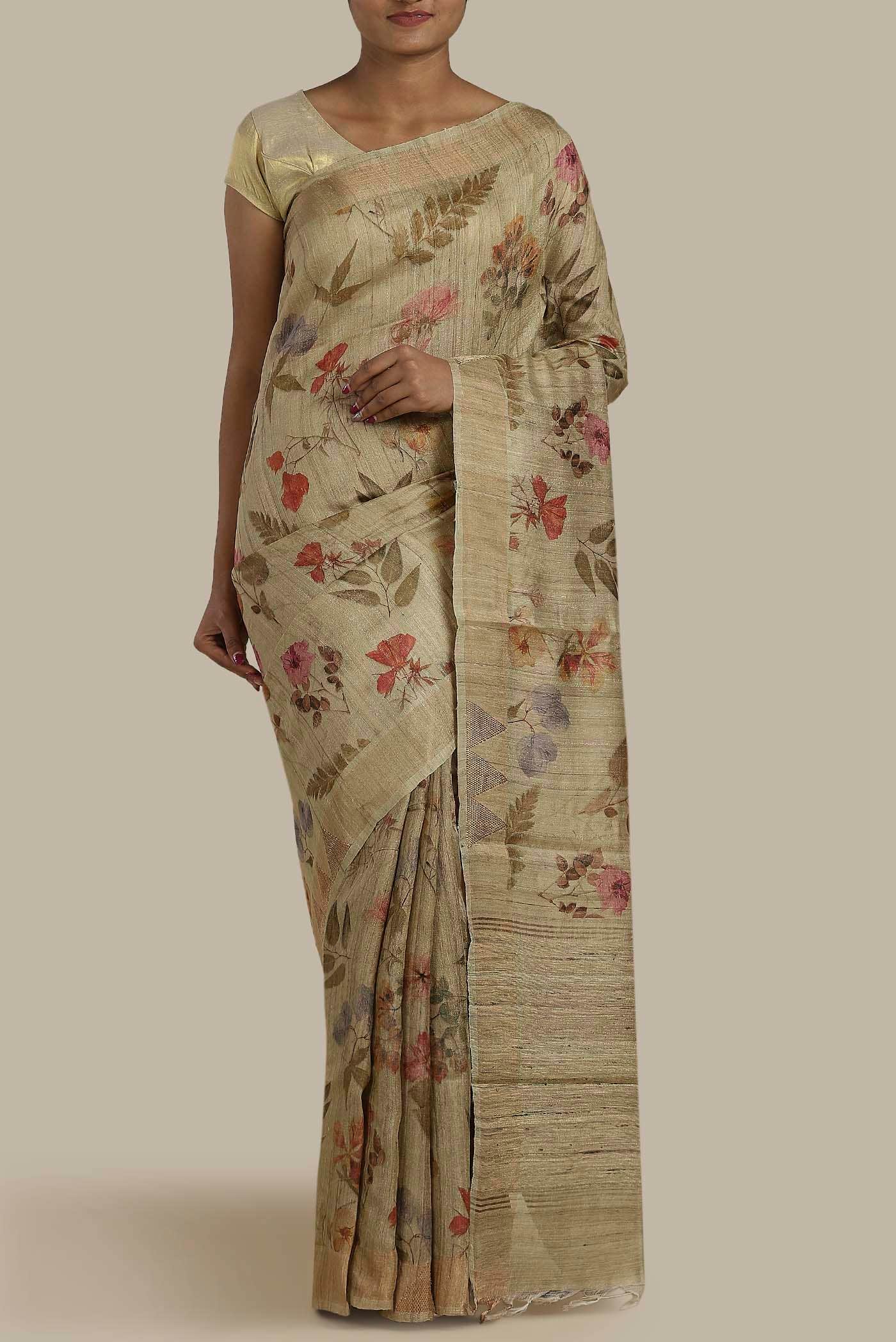 Beige Tussar Silk Saree