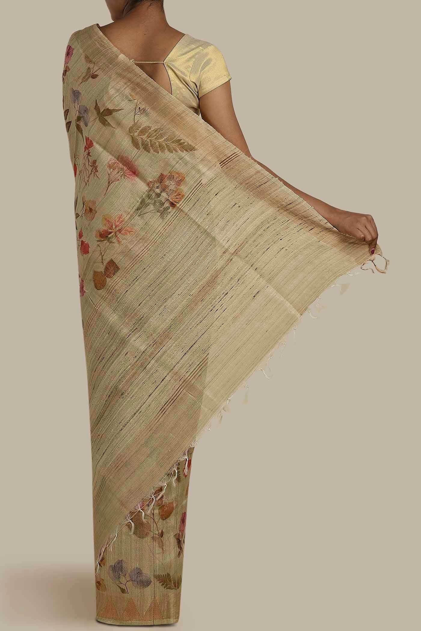 Beige Tussar Silk Saree