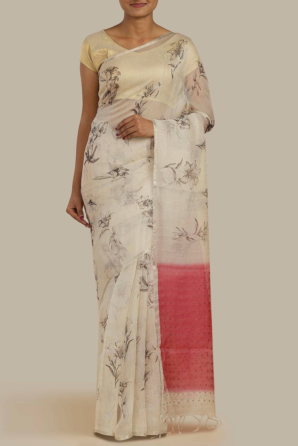 Cream Tussar Silk Saree