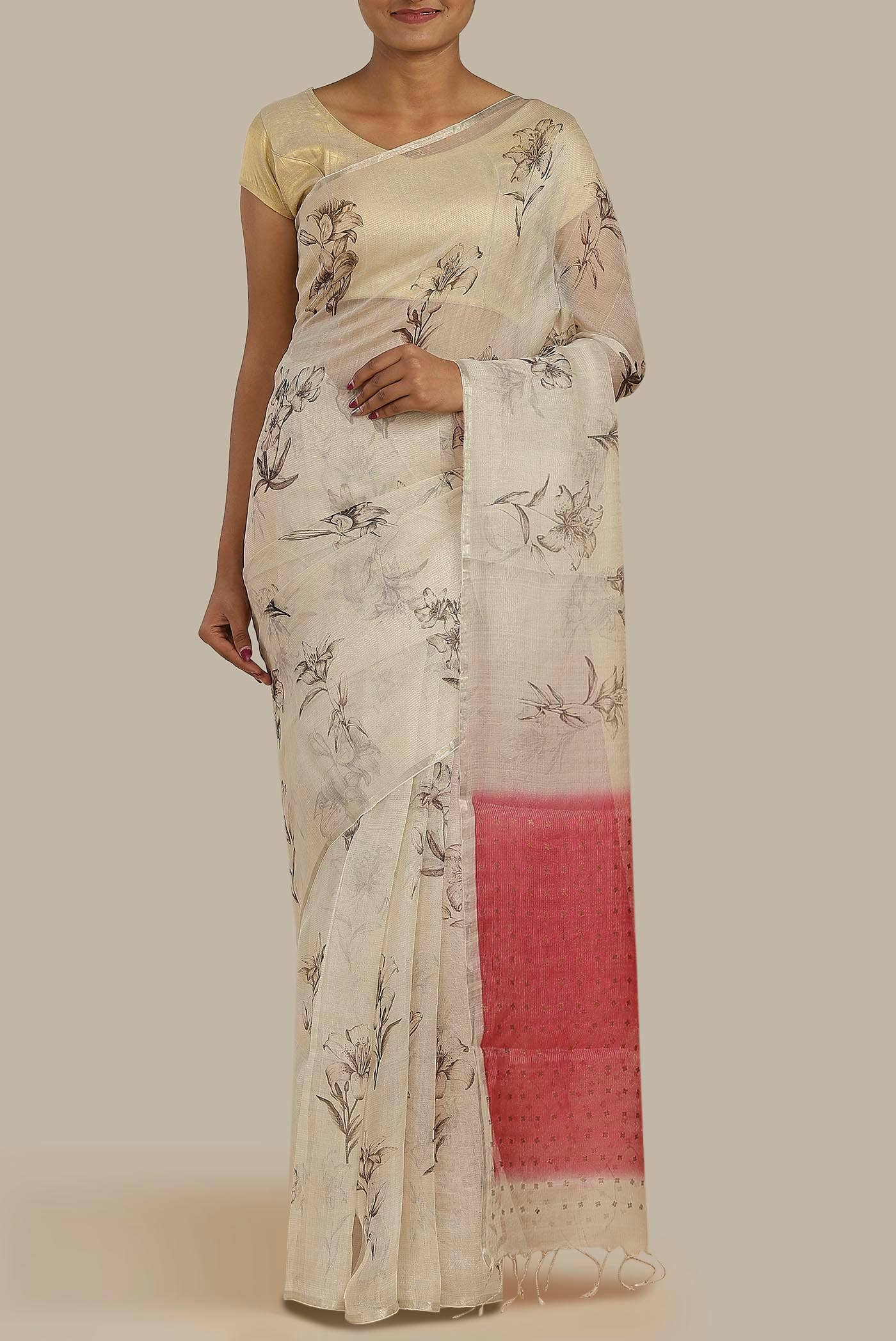 Cream Tussar Silk Saree