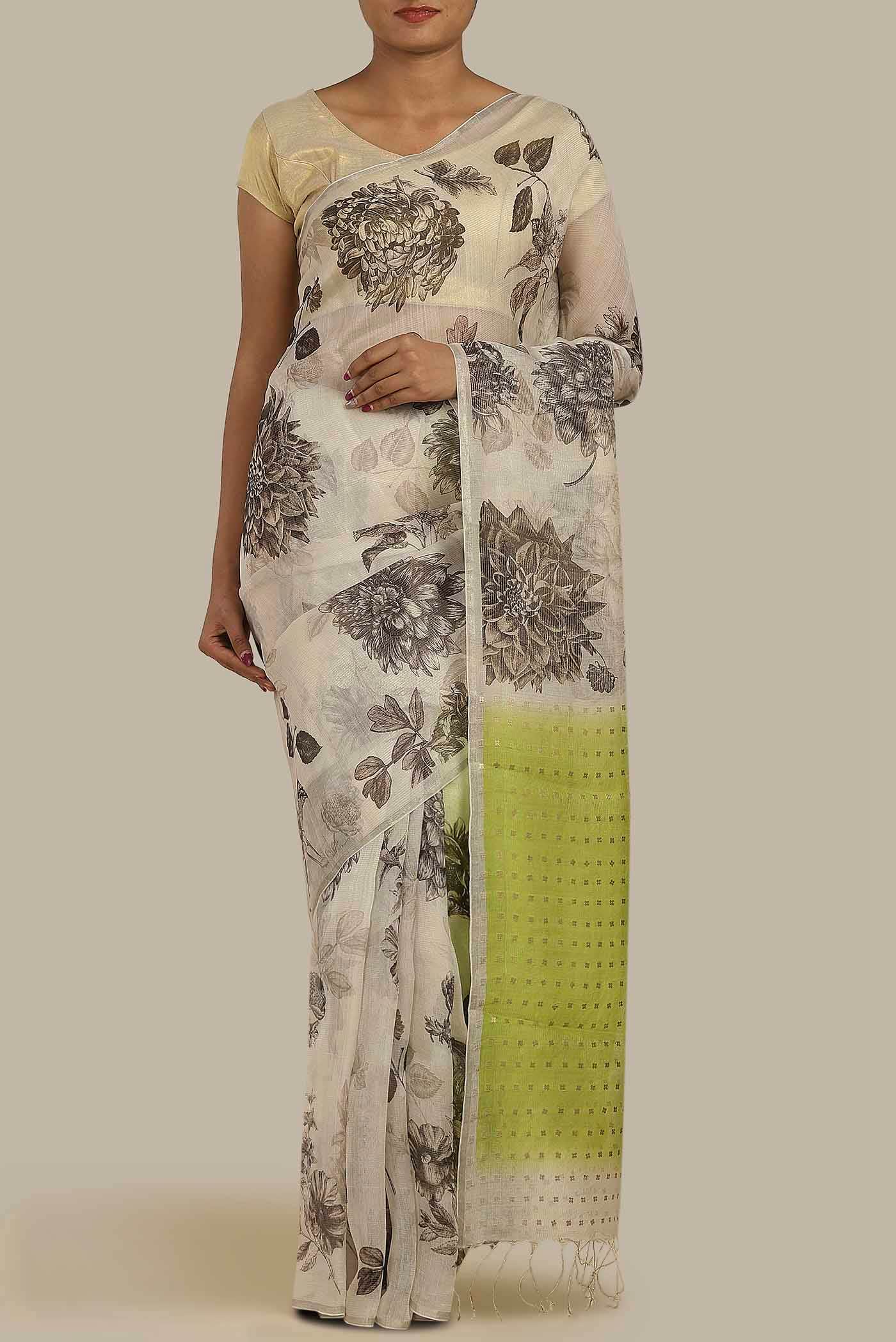 Cream Organza Silk Saree