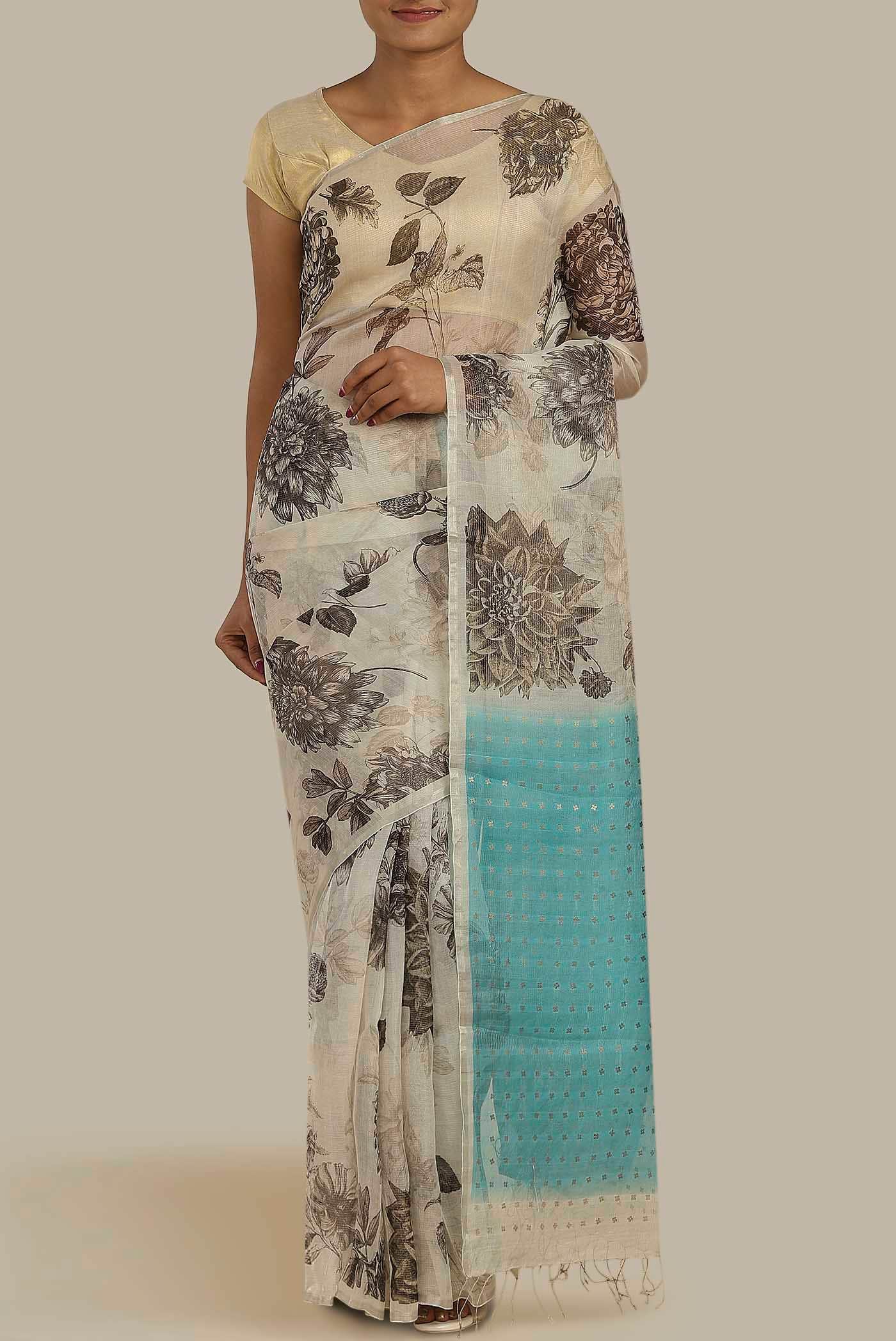 Cream Tussar Silk Saree