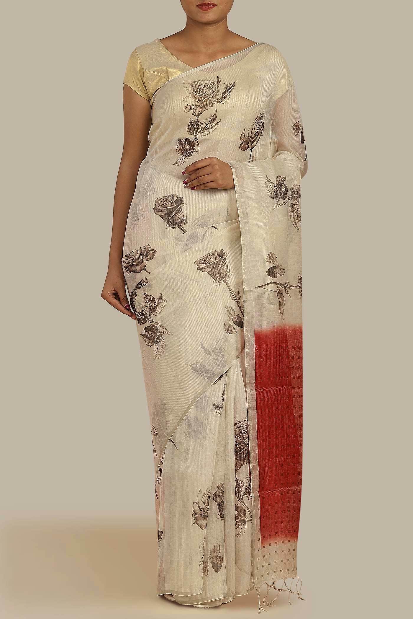 Cream Organza Silk Saree