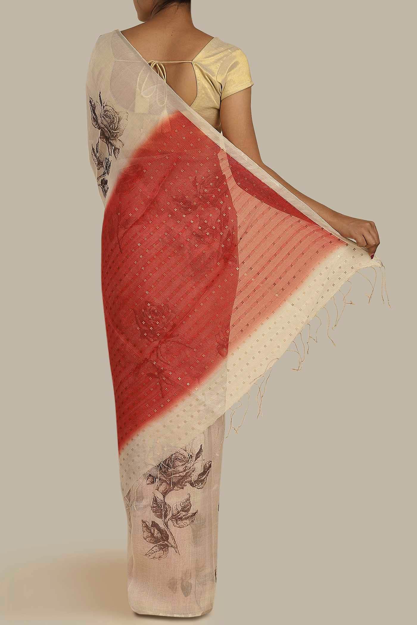 Cream Organza Silk Saree