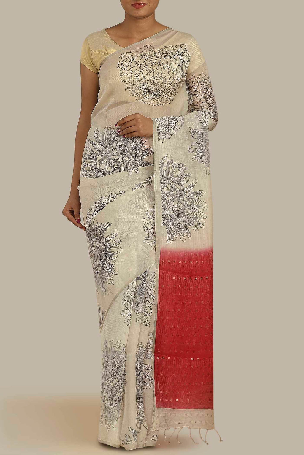 Cream Organza Silk Saree