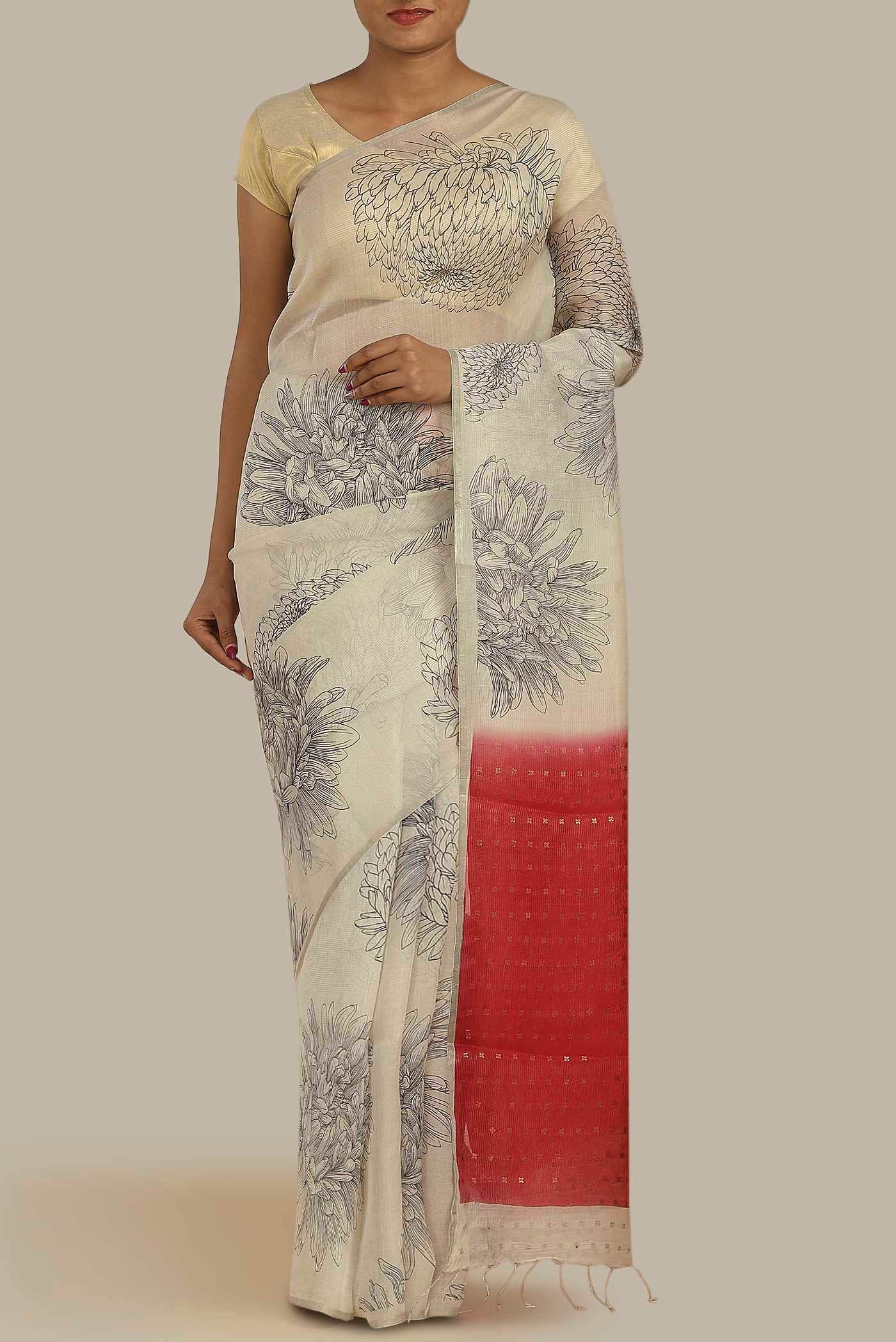 Cream Organza Silk Saree