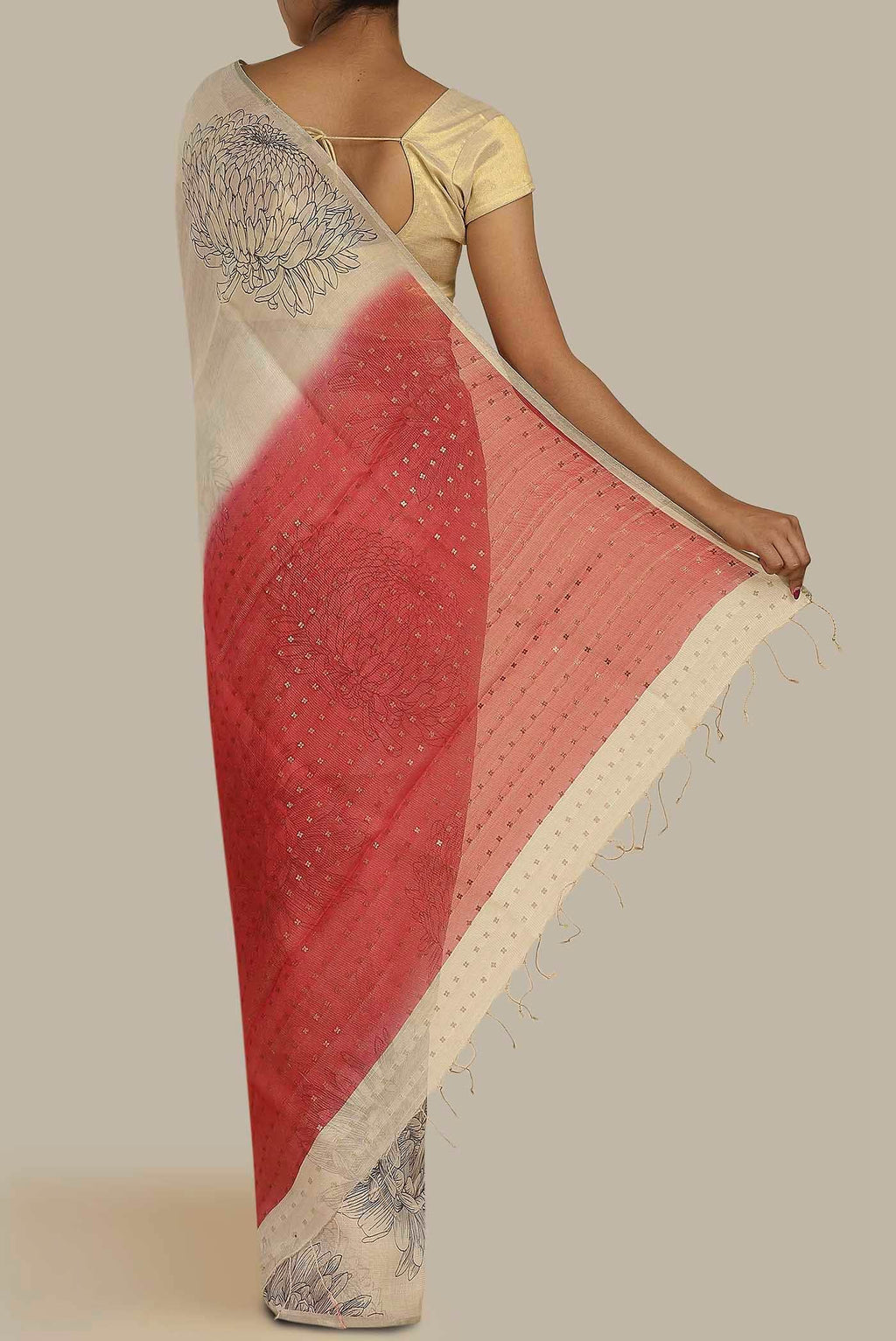 Cream Organza Silk Saree