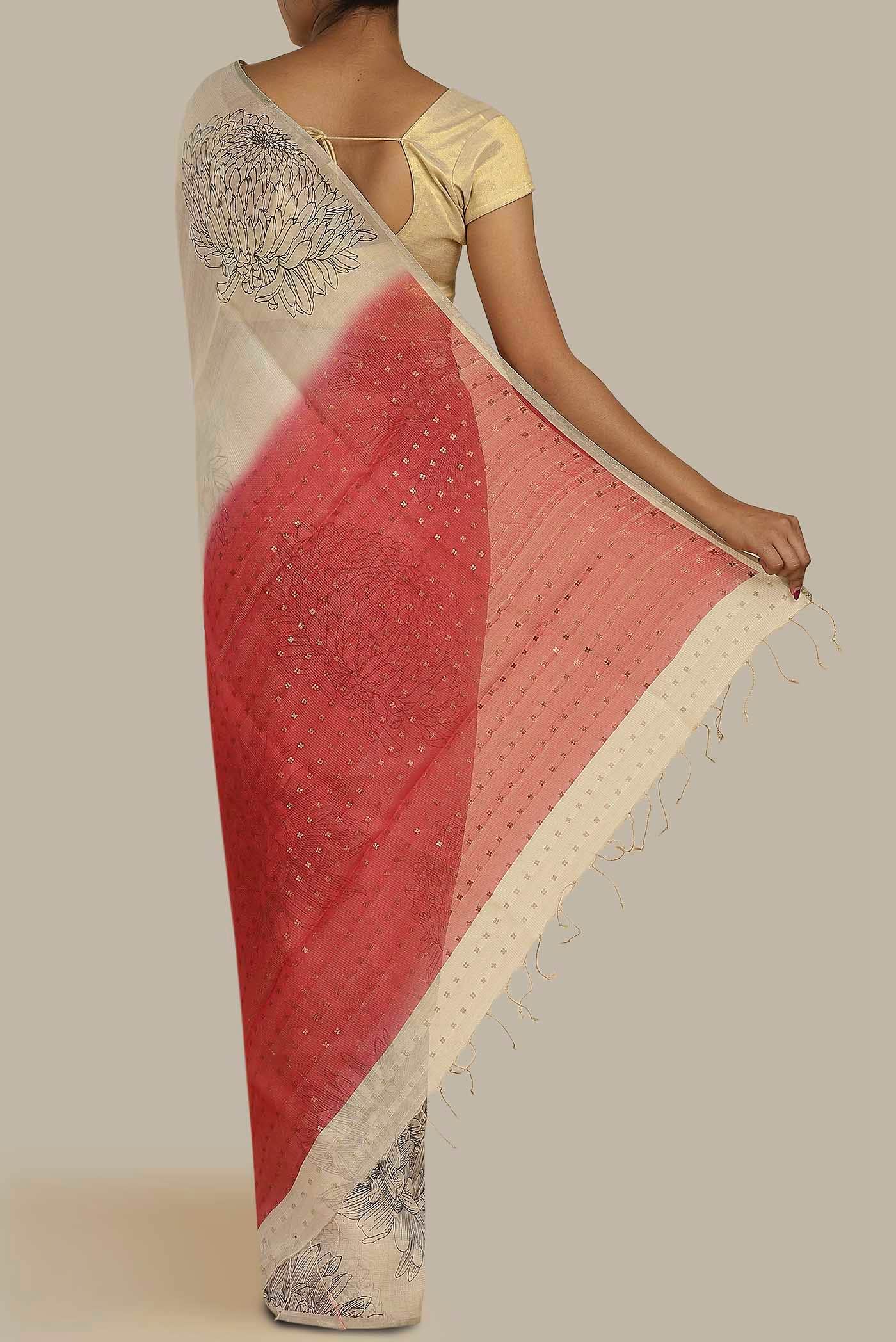 Cream Organza Silk Saree