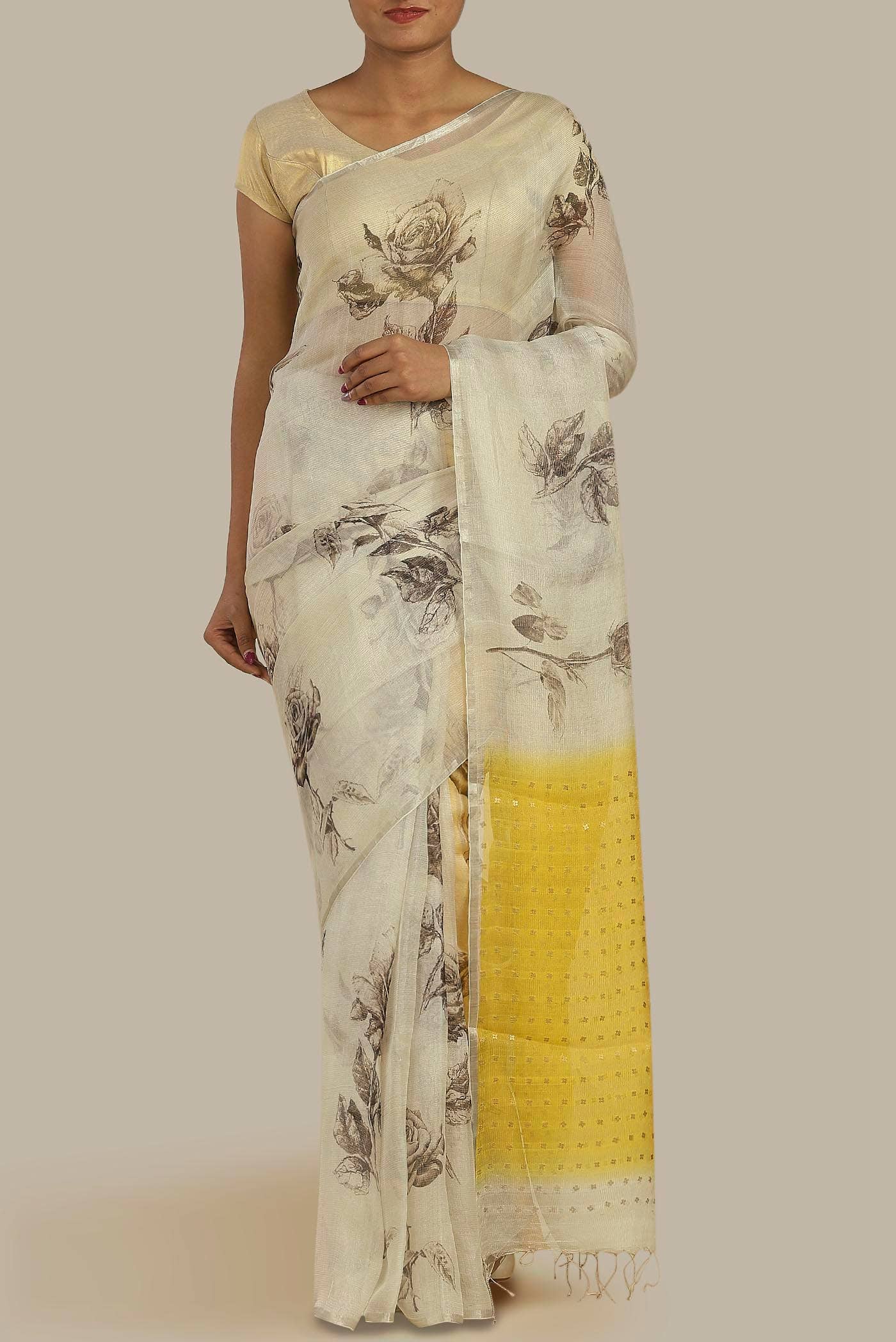 Cream Organza Silk Saree
