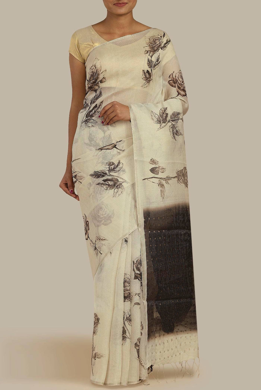 Cream Tussar Silk Saree