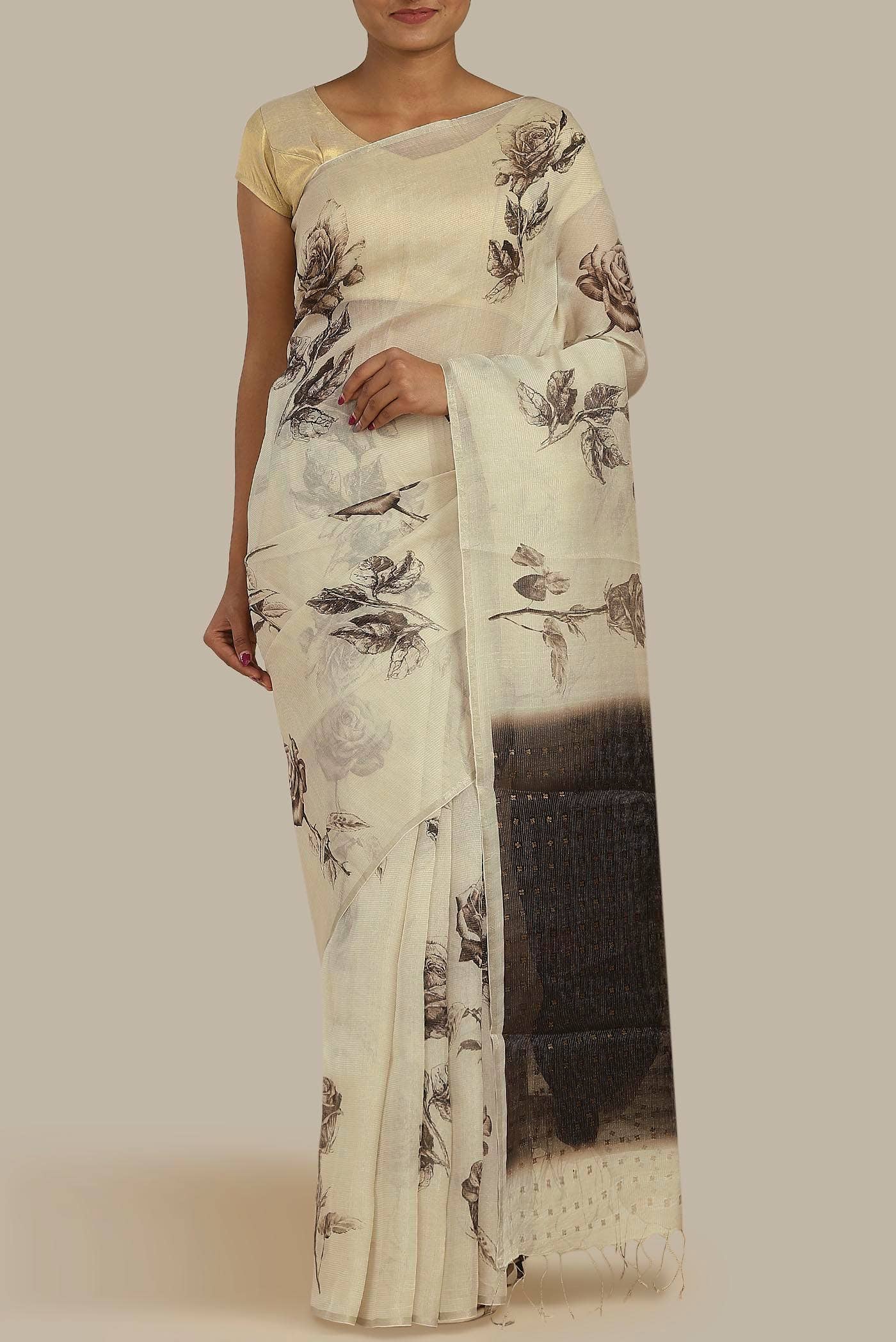 Cream Tussar Silk Saree