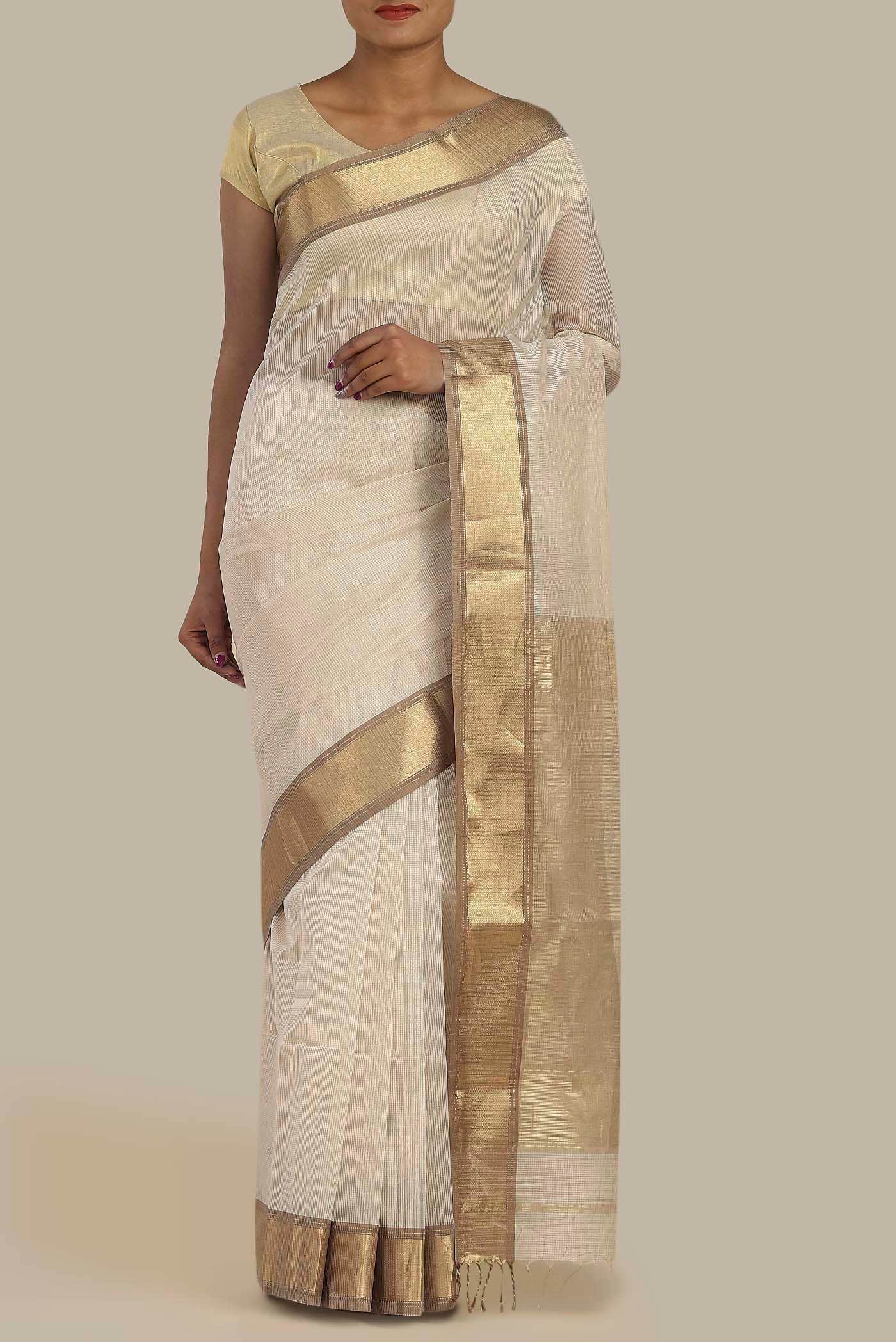 Cream Maheshwari Silk Cotton Saree