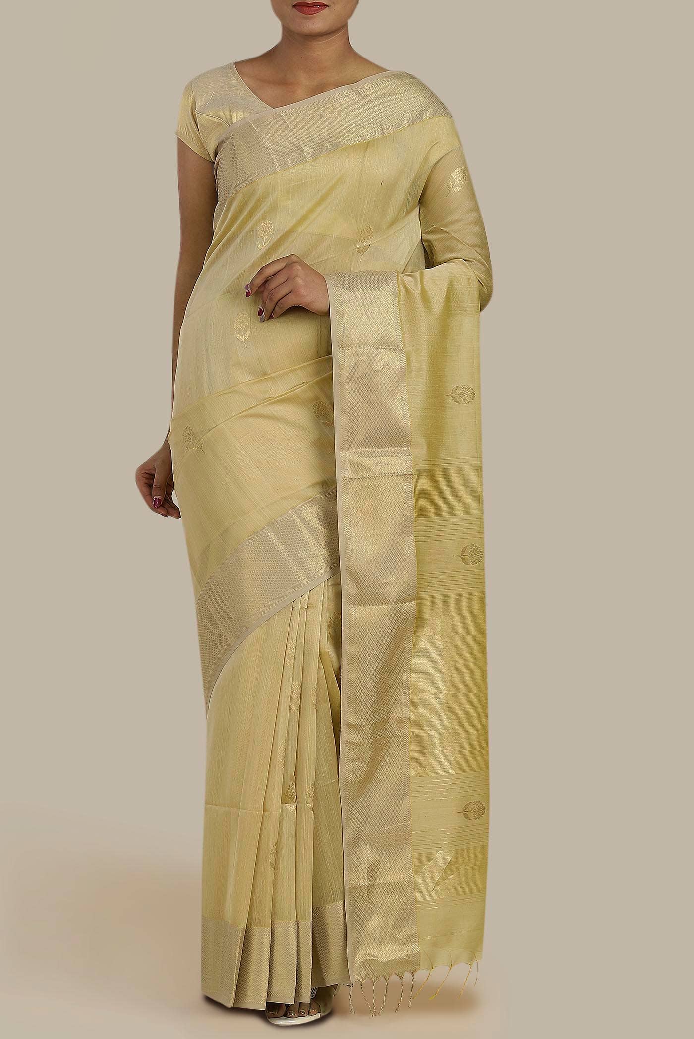 Beige Maheshwari Silk Cotton Saree
