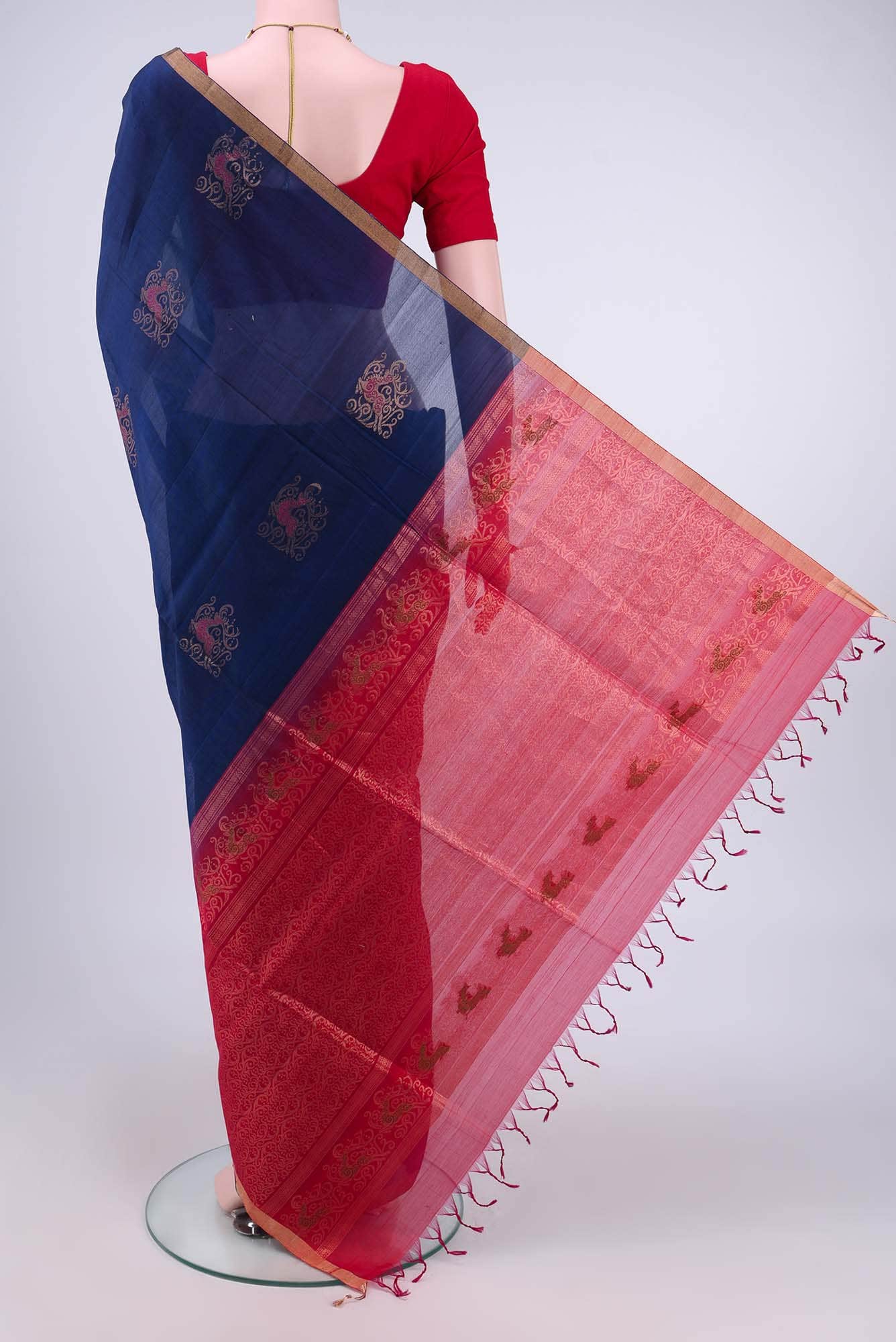 Navy Blue Kora Cotton Saree