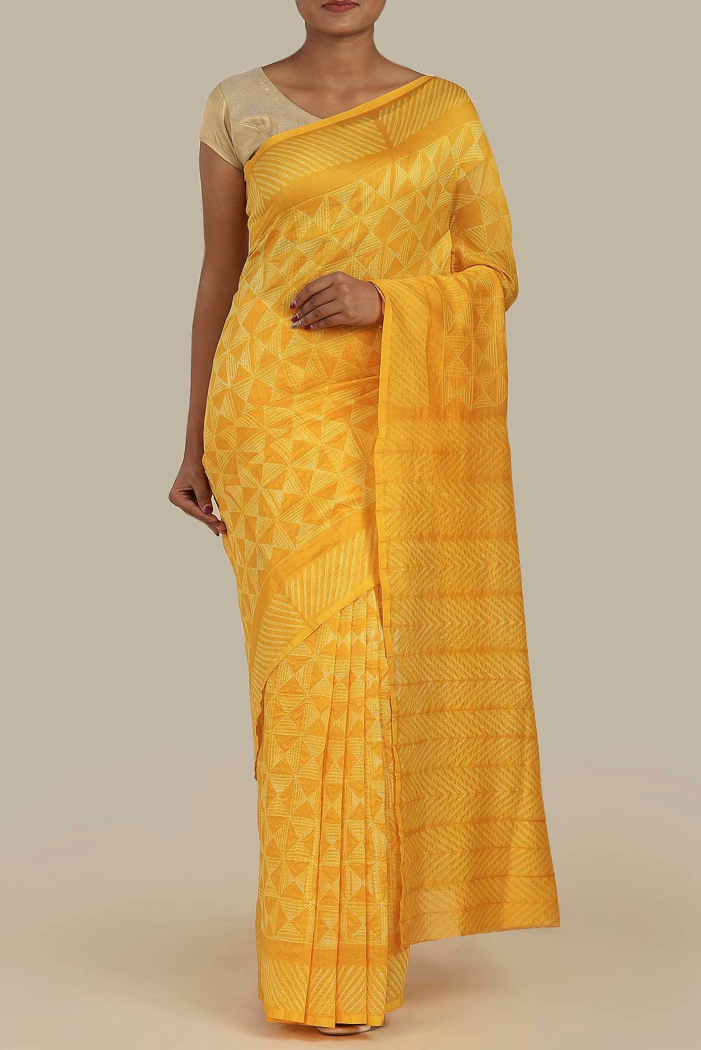 Yellow Maheshwari Silk Cotton Saree