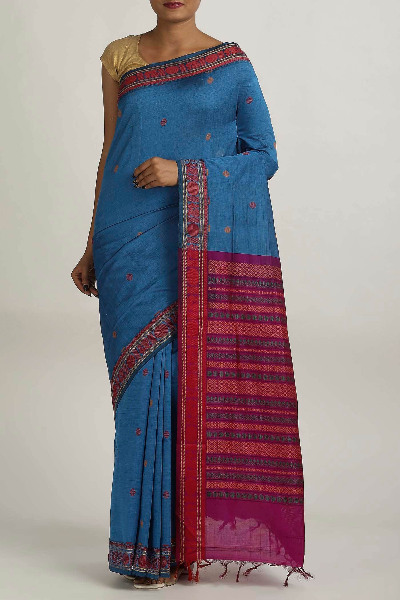 Blue Blended Cotton Saree