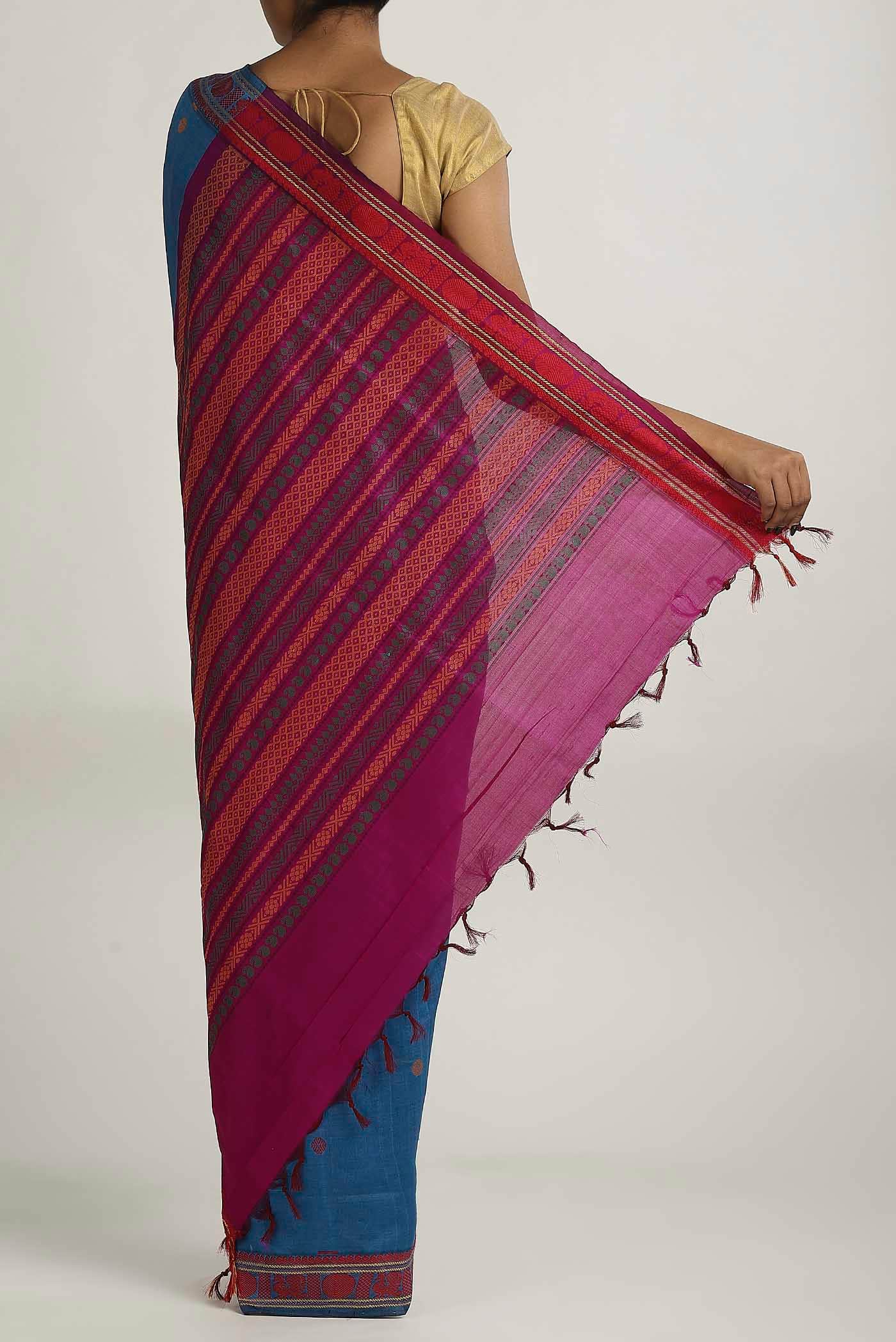Blue Blended Cotton Saree