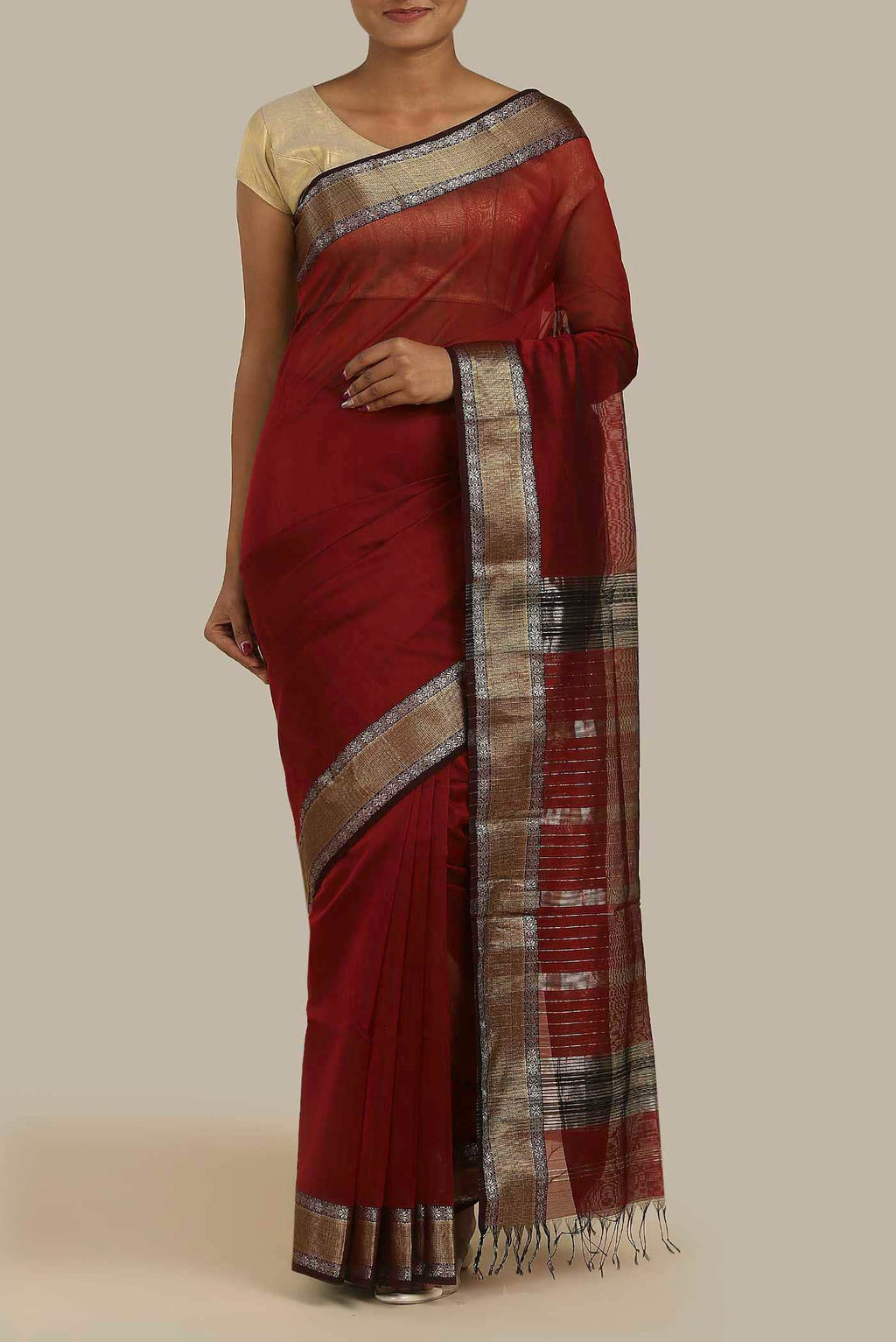 Maroon Maheshwari Silk Cotton Saree