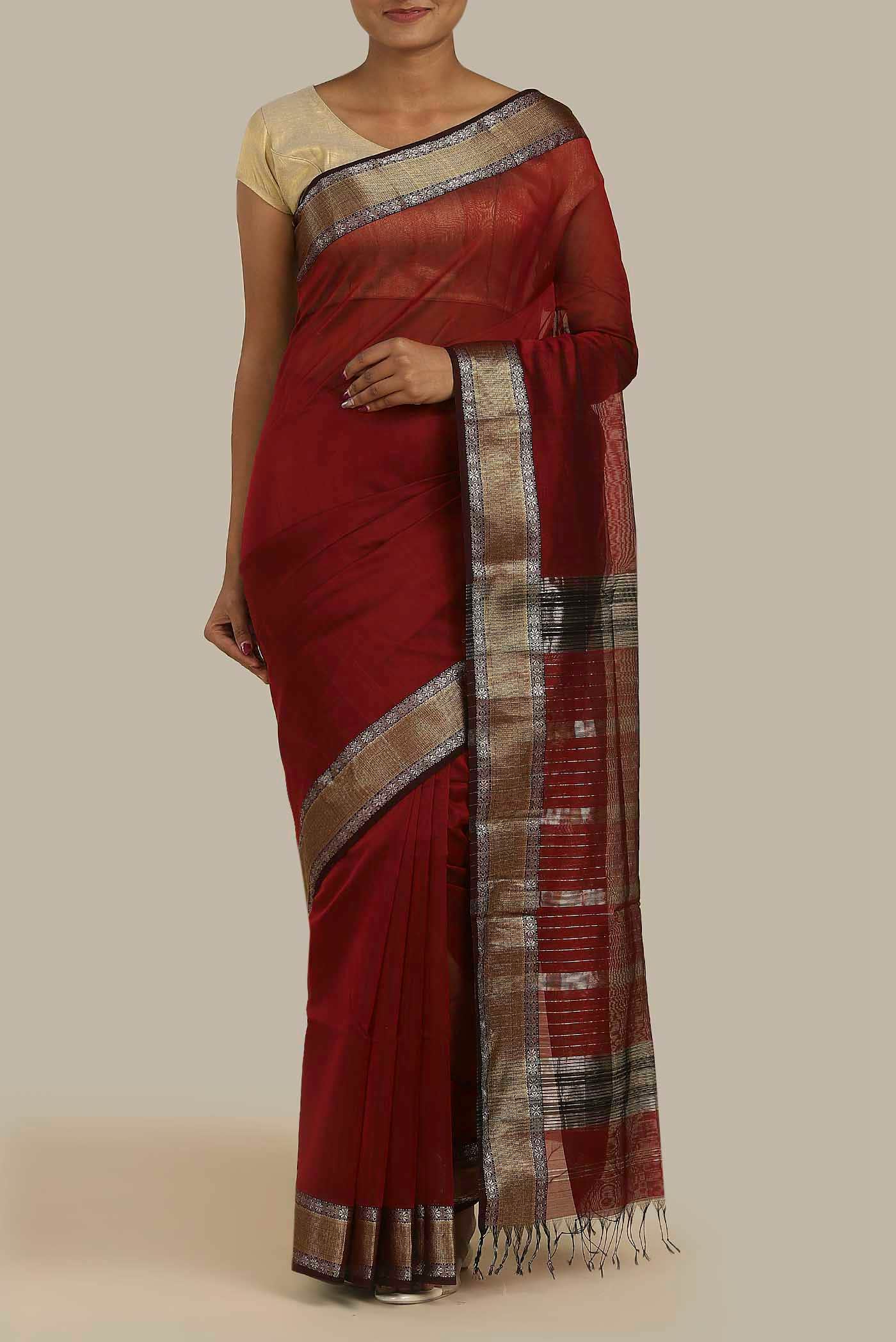 Maroon Maheshwari Silk Cotton Saree