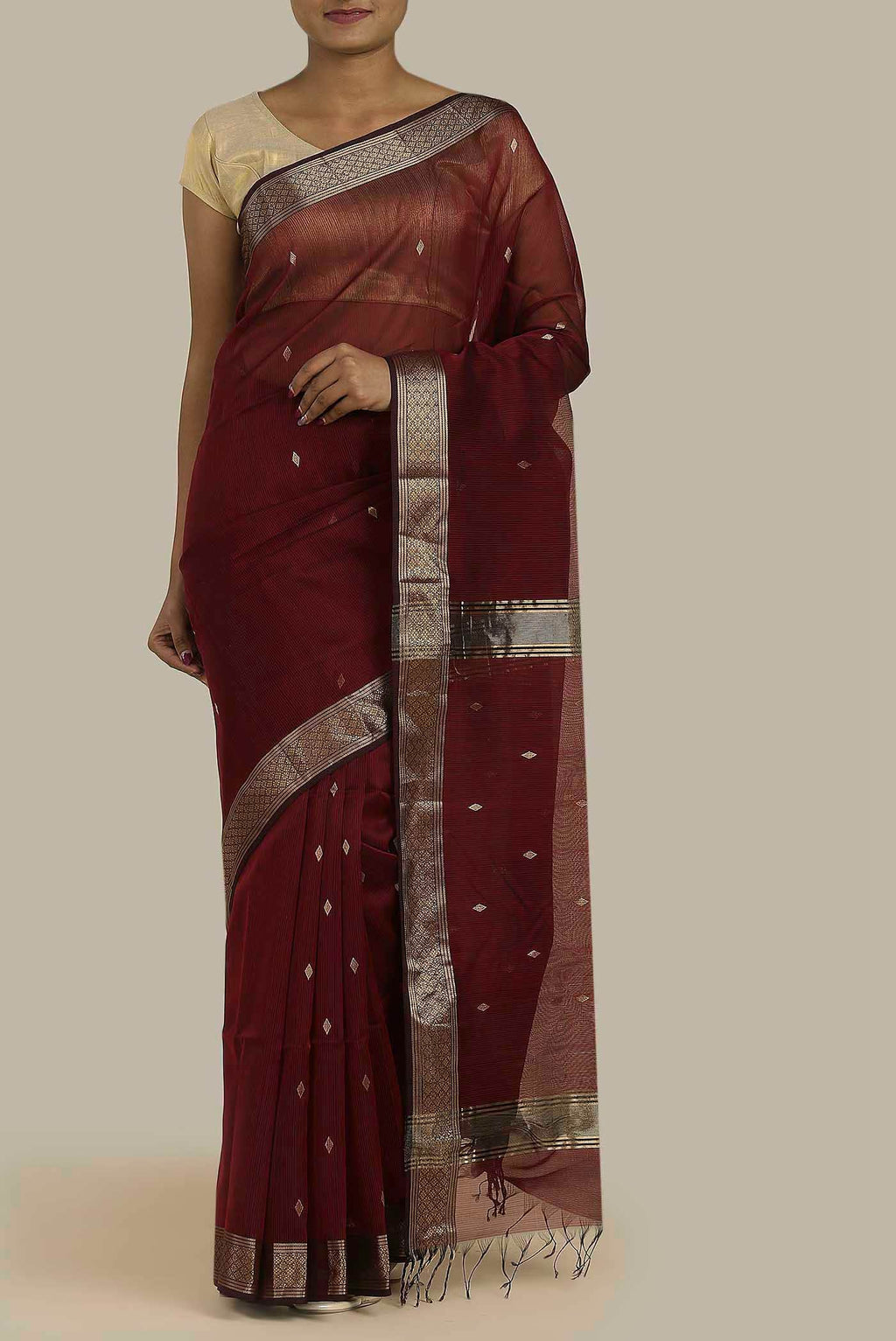 Maroon Maheshwari Silk Cotton Saree
