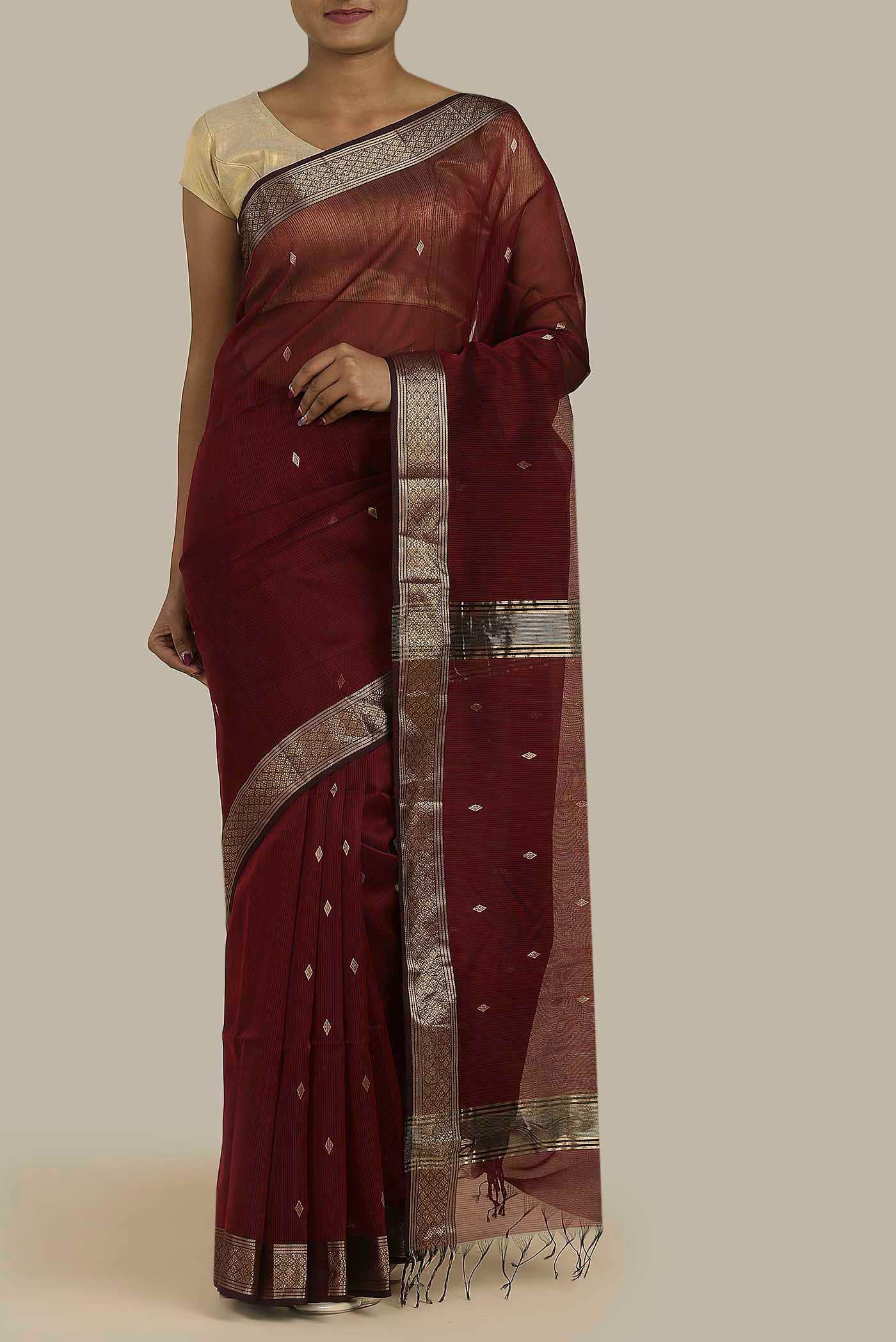 Maroon Maheshwari Silk Cotton Saree