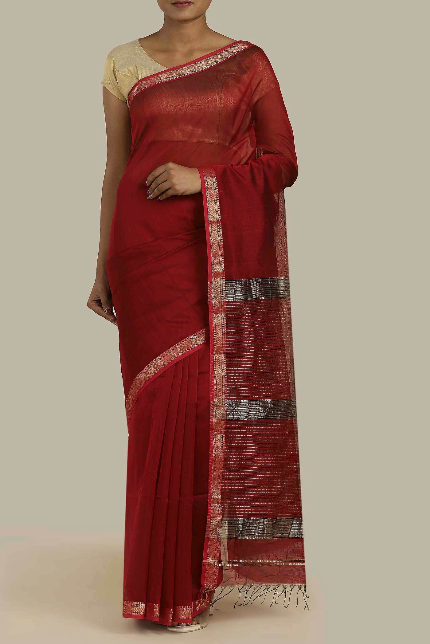 Rust Maheshwari Silk Cotton Saree