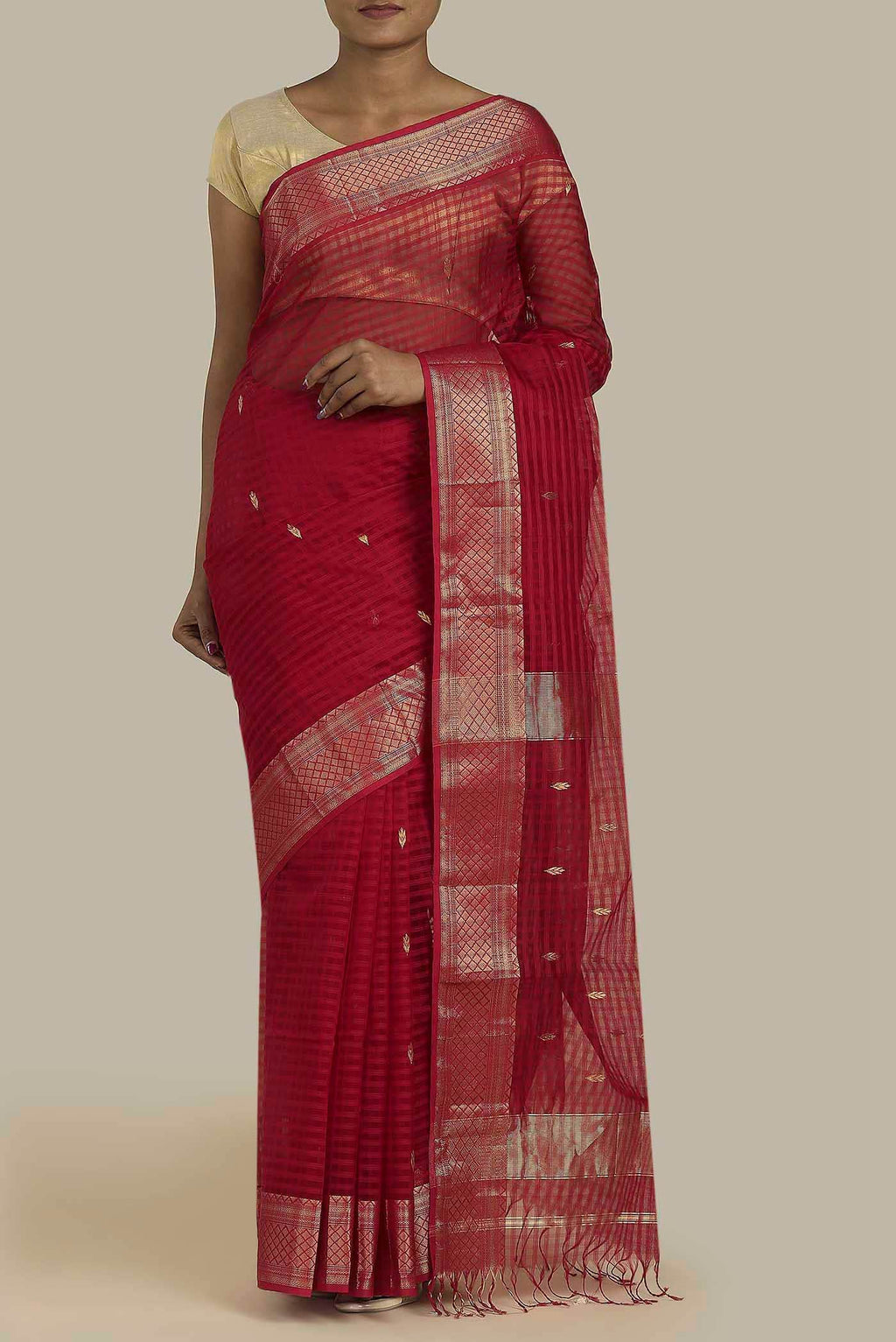 Red Maheshwari Silk Cotton Saree