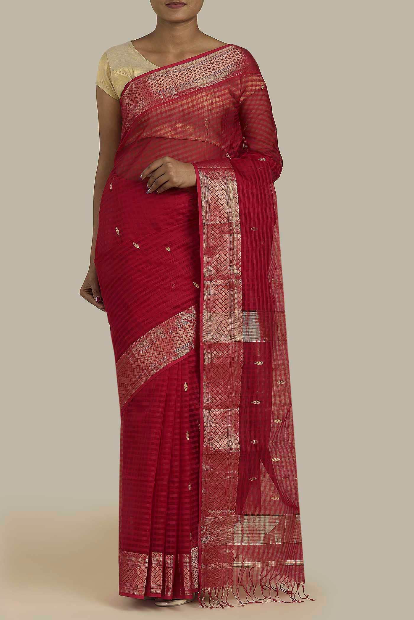 Red Maheshwari Silk Cotton Saree