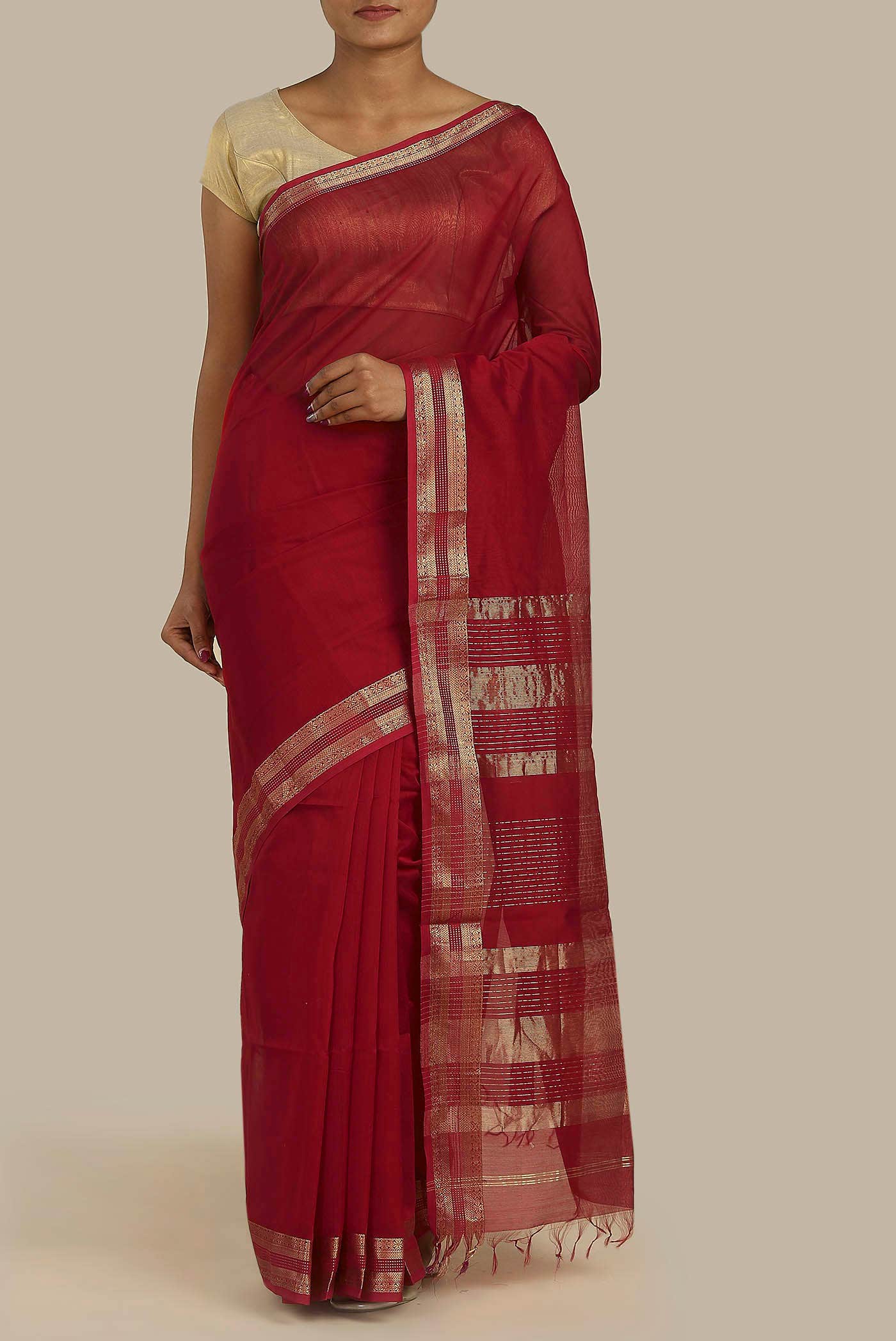 Rust Maheshwari Silk Cotton Saree